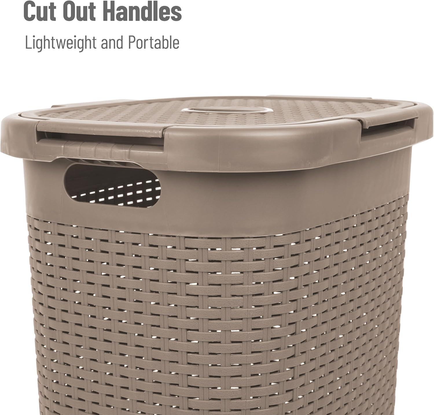 imageMind Reader Slim Laundry Hamper with Lid 60L Clothes Basket Premium Wicker Design Plastic TanTan