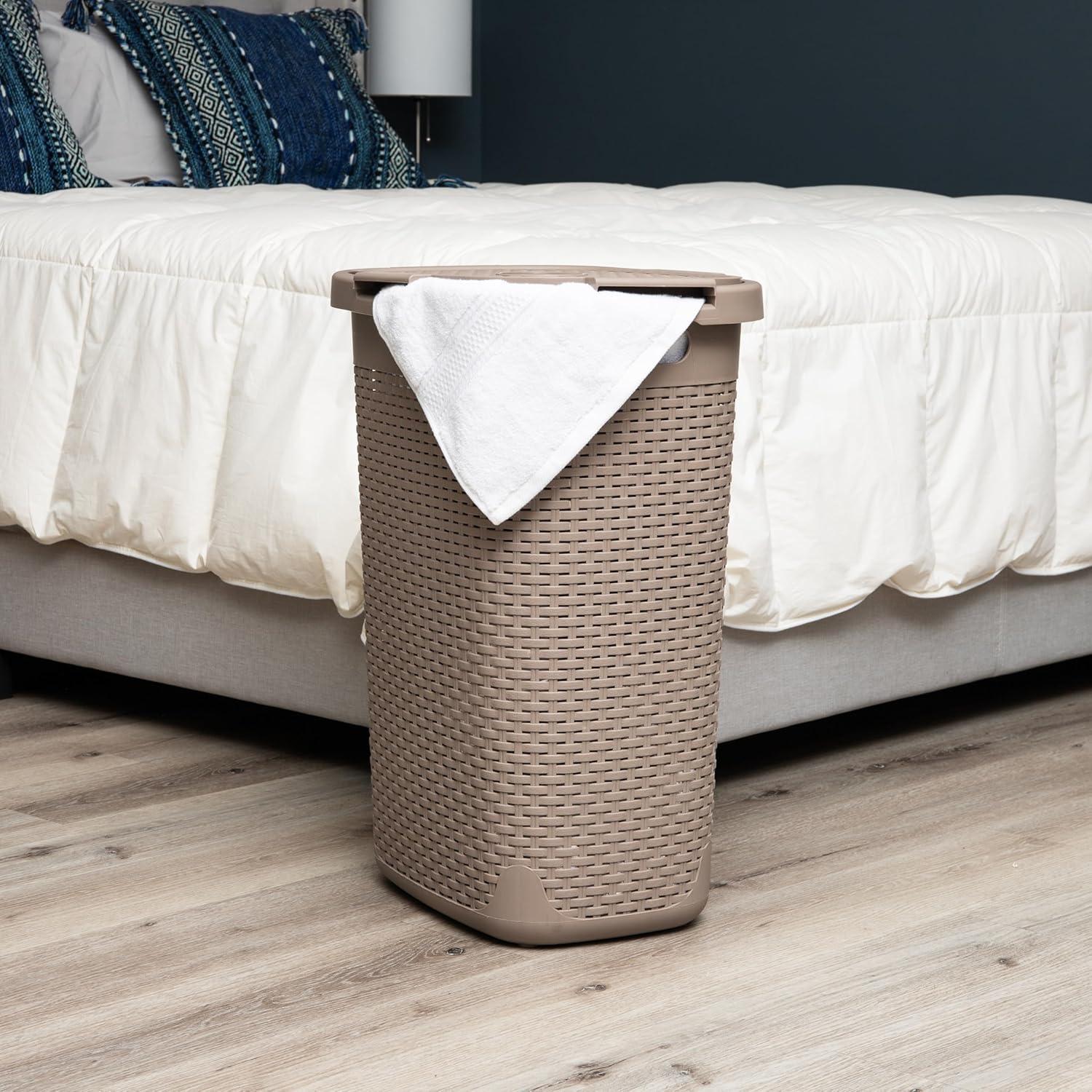 imageMind Reader Slim Laundry Hamper with Lid 60L Clothes Basket Premium Wicker Design Plastic TanTan