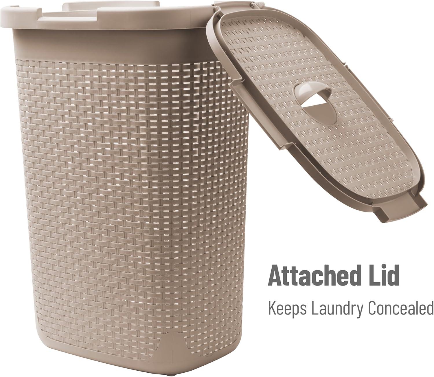 imageMind Reader Slim Laundry Hamper with Lid 60L Clothes Basket Premium Wicker Design Plastic TanTan