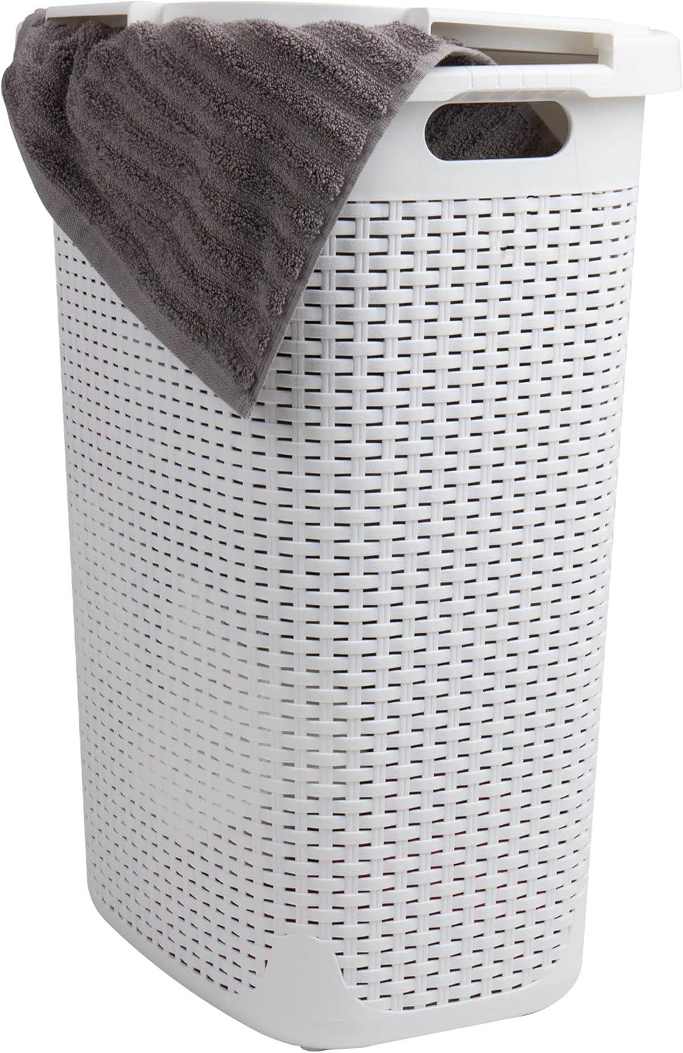 imageMind Reader Slim Laundry Hamper with Lid 60L Clothes Basket Premium Wicker Design Plastic TanWhite