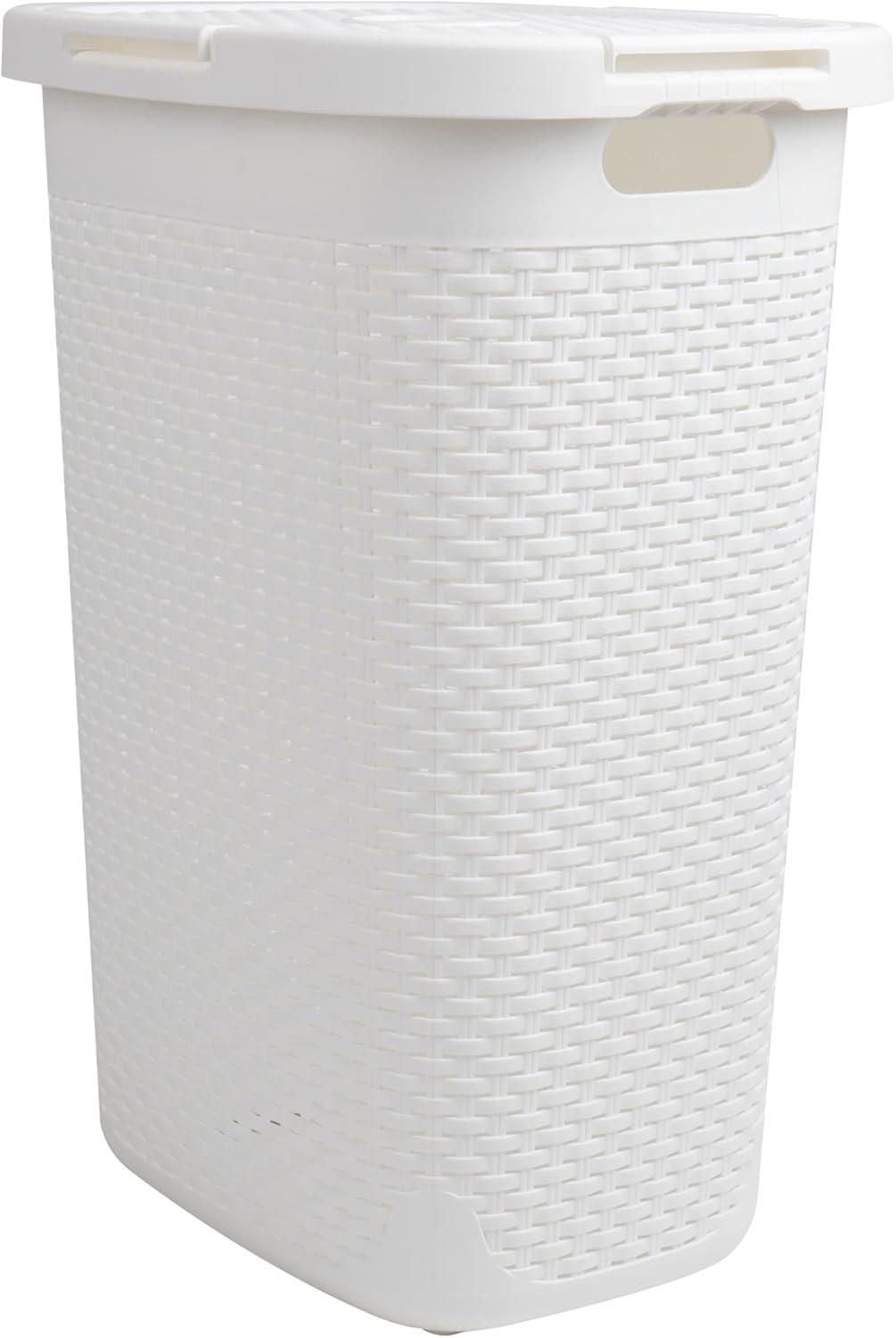 imageMind Reader Slim Laundry Hamper with Lid 60L Clothes Basket Premium Wicker Design Plastic TanWhite