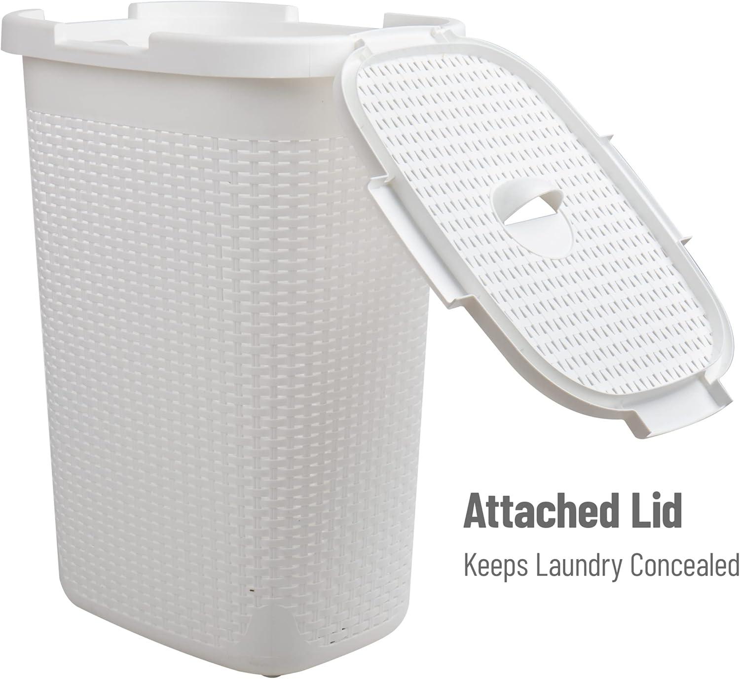 imageMind Reader Slim Laundry Hamper with Lid 60L Clothes Basket Premium Wicker Design Plastic TanWhite