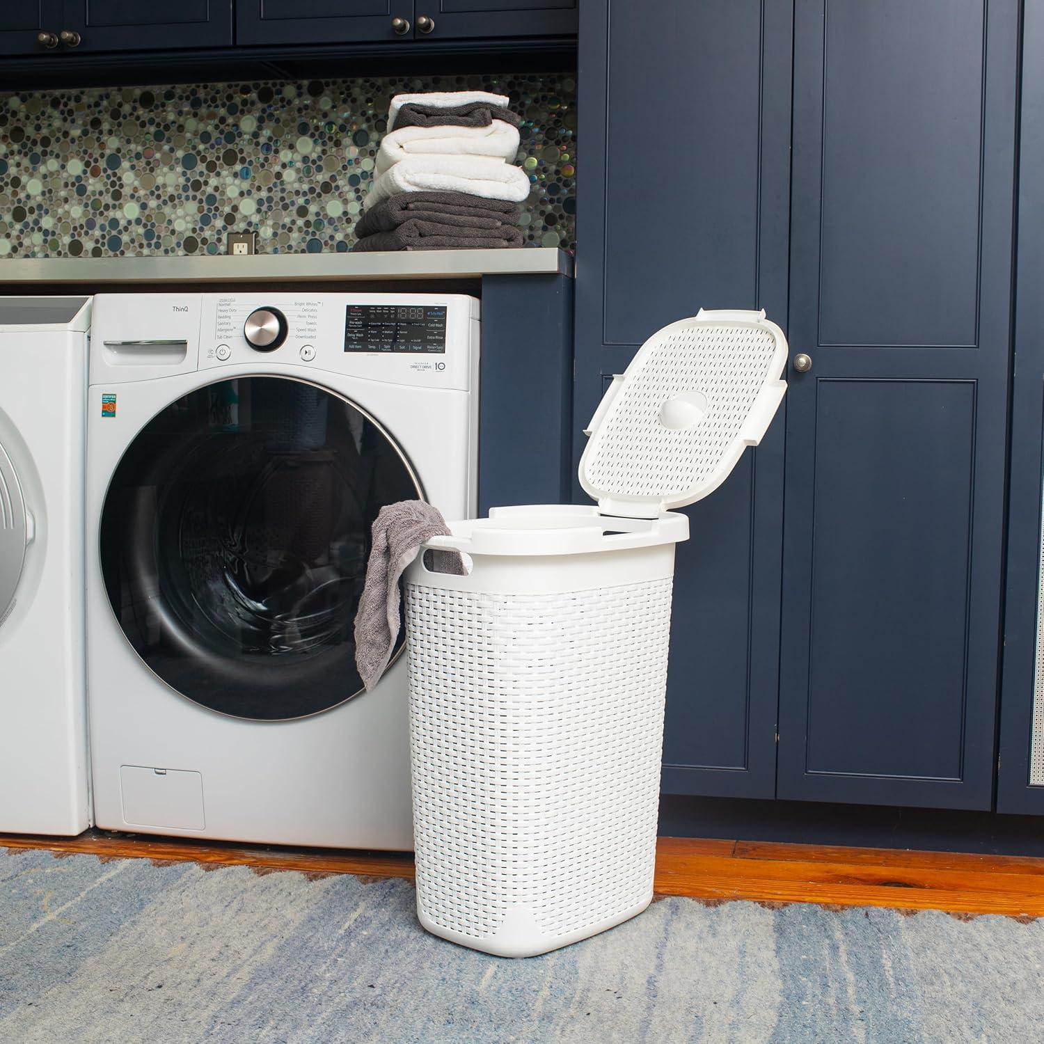 imageMind Reader Slim Laundry Hamper with Lid 60L Clothes Basket Premium Wicker Design Plastic TanWhite