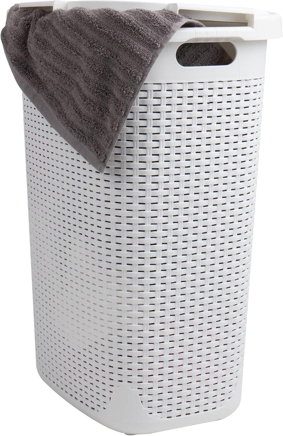 imageMind Reader Slim Laundry Hamper with Lid 60L Clothes Basket Premium Wicker Design Plastic TanWhite