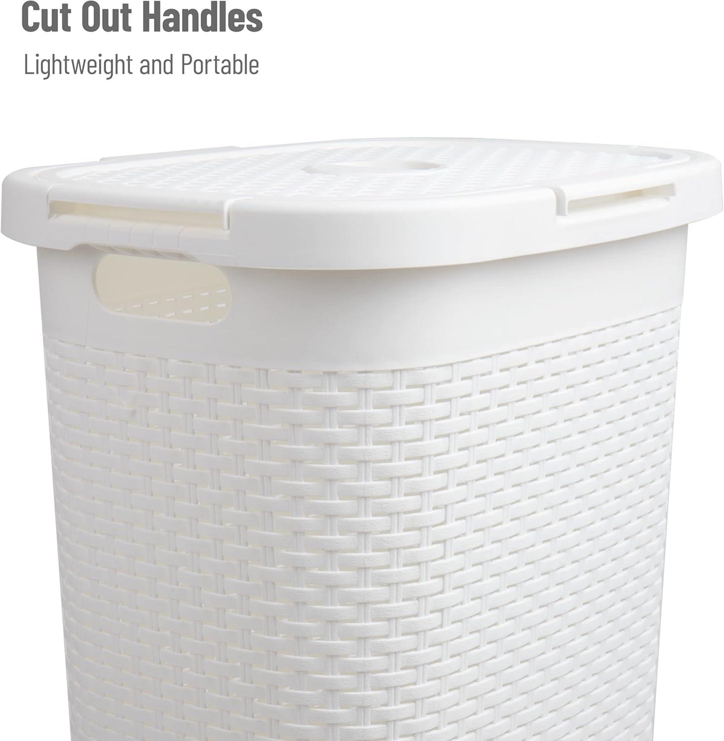 imageMind Reader Slim Laundry Hamper with Lid 60L Clothes Basket Premium Wicker Design Plastic TanWhite