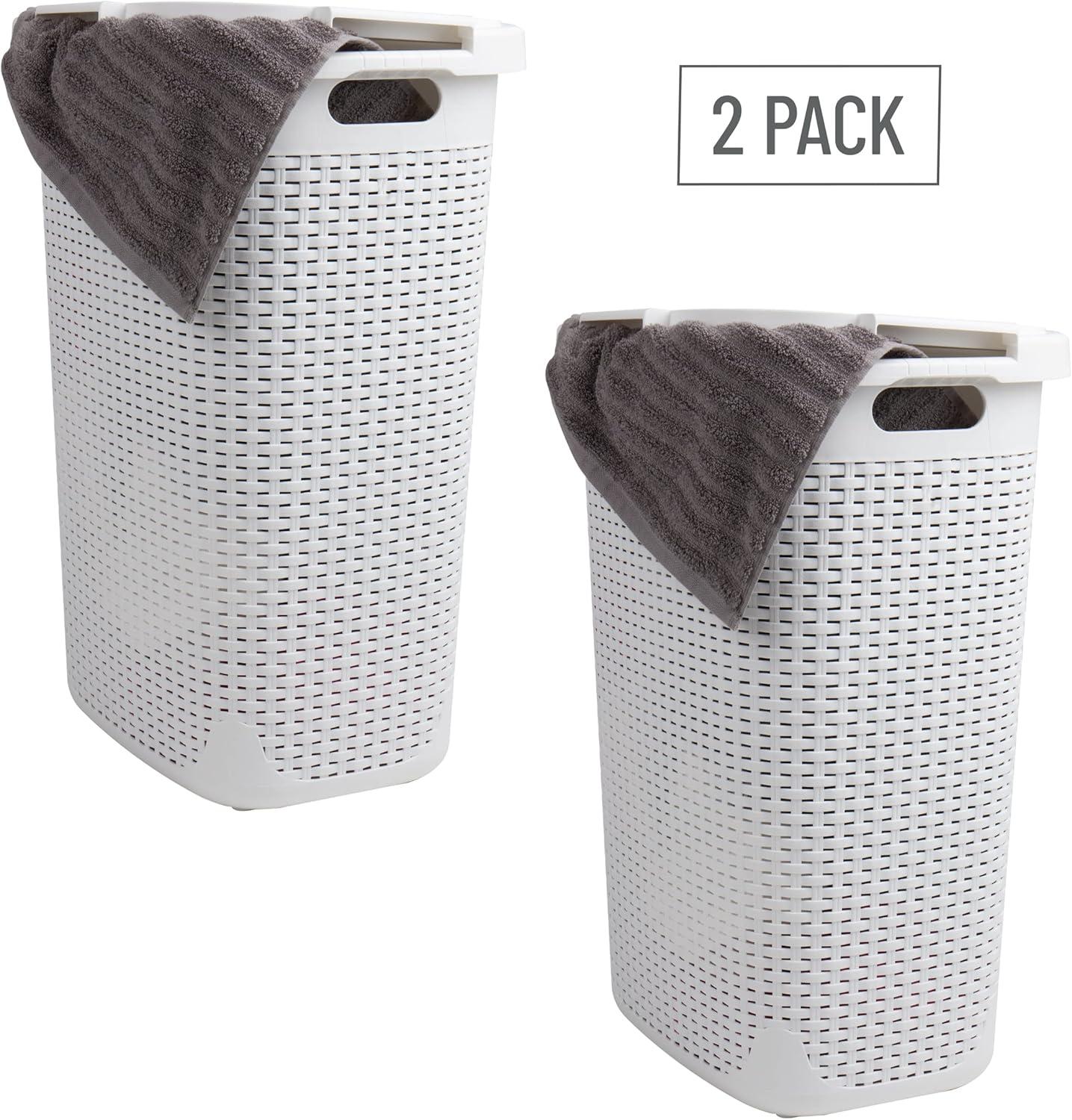 imageMind Reader Slim Laundry Hamper with Lid 60L Clothes Basket Premium Wicker Design Plastic TanWhite
