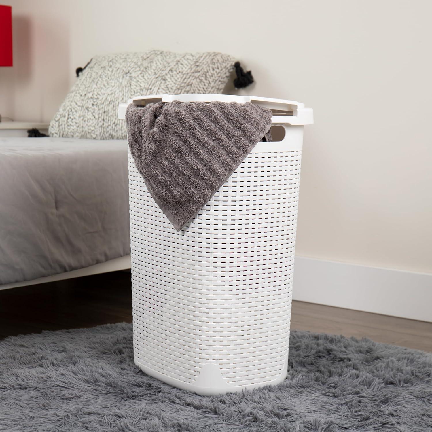 imageMind Reader Slim Laundry Hamper with Lid 60L Clothes Baskets Premium Wicker Design Plastic 3Pack WhiteWhite