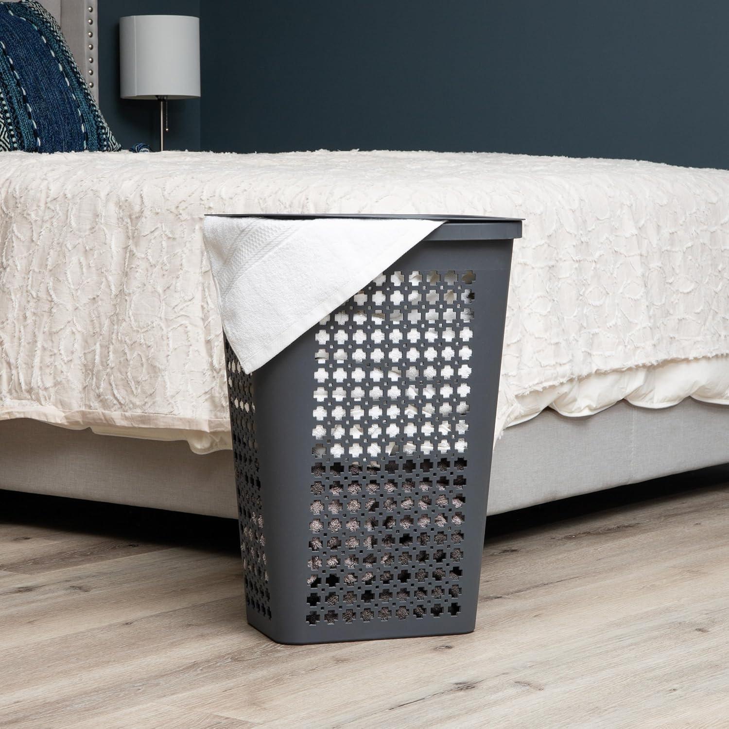 imageMind Reader Slim Tapered Laundry Hamper with Lid Clothes Basket with Swiss Cross CutOuts Lightweight amp Ventilated Plastic 1675L x 1275W x 23H GrayGray