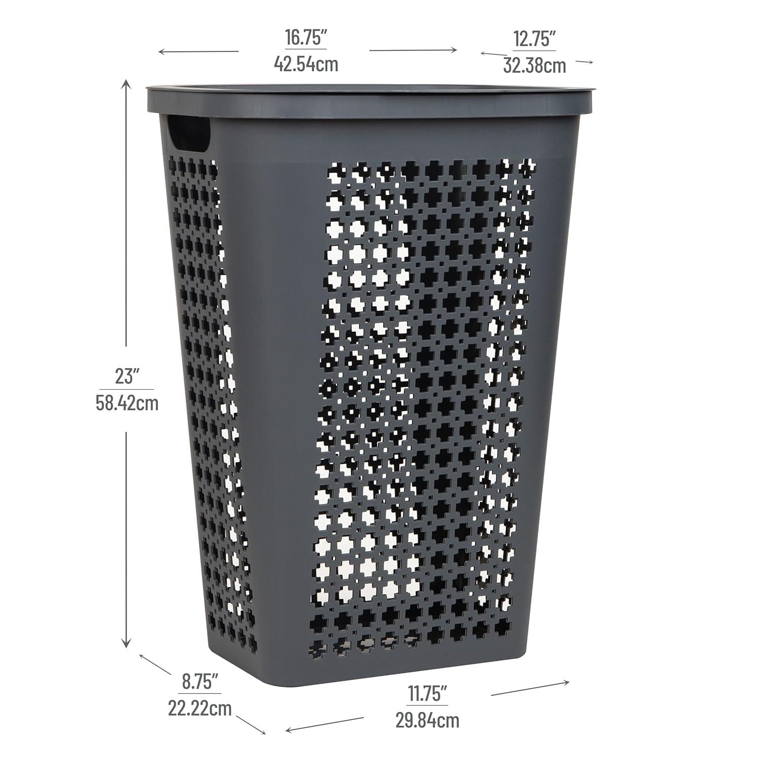 imageMind Reader Slim Tapered Laundry Hamper with Lid Clothes Basket with Swiss Cross CutOuts Lightweight amp Ventilated Plastic 1675L x 1275W x 23H GrayGray