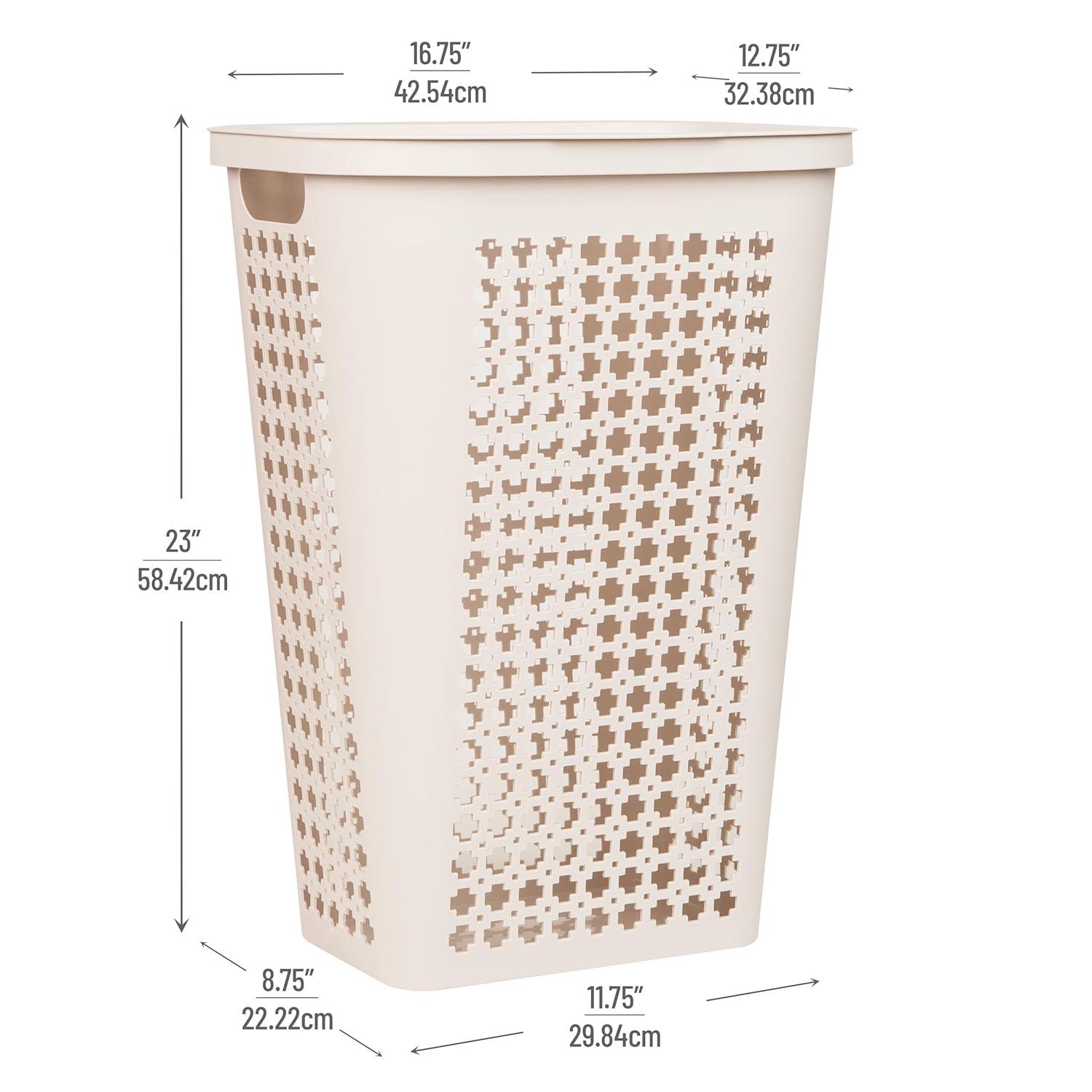 imageMind Reader Slim Tapered Laundry Hamper with Lid Clothes Basket with Swiss Cross CutOuts Lightweight amp Ventilated Plastic 1675L x 1275W x 23H GrayIvory