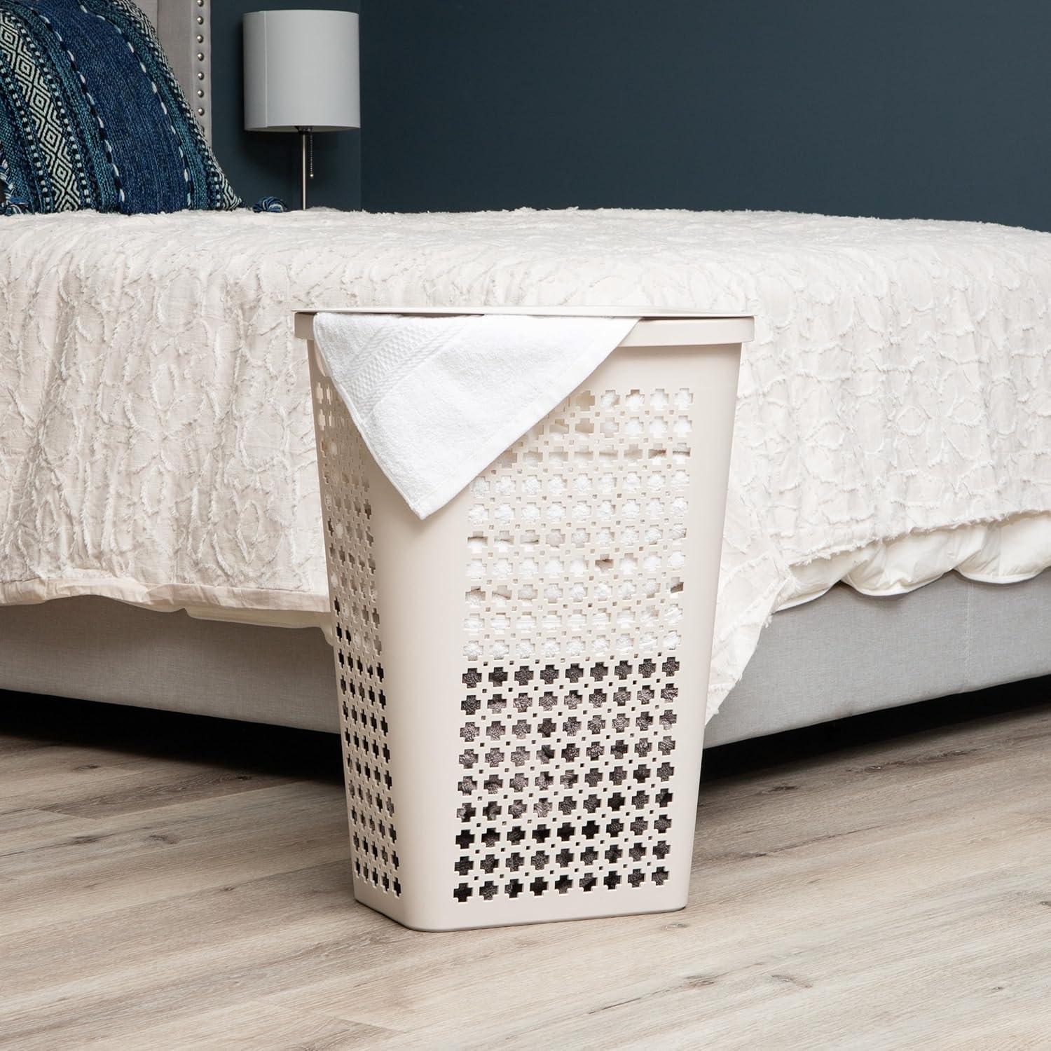 imageMind Reader Slim Tapered Laundry Hamper with Lid Clothes Basket with Swiss Cross CutOuts Lightweight amp Ventilated Plastic 1675L x 1275W x 23H GrayIvory