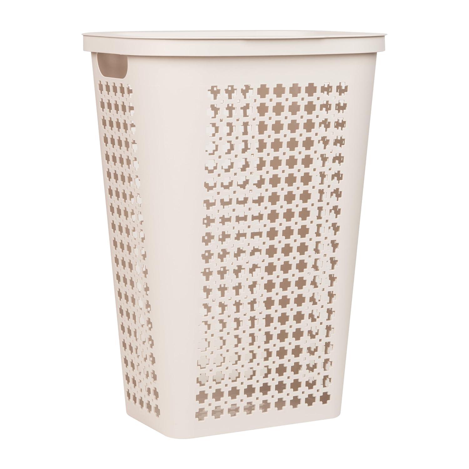 imageMind Reader Slim Tapered Laundry Hamper with Lid Clothes Basket with Swiss Cross CutOuts Lightweight amp Ventilated Plastic 1675L x 1275W x 23H GrayIvory