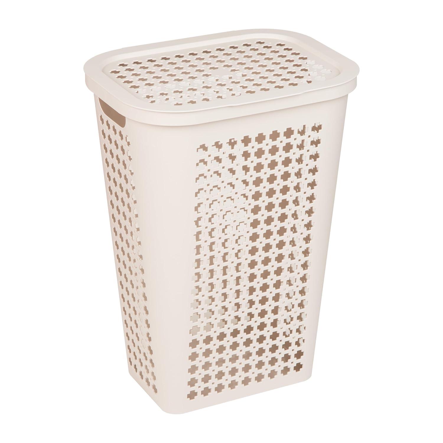 imageMind Reader Slim Tapered Laundry Hamper with Lid Clothes Basket with Swiss Cross CutOuts Lightweight amp Ventilated Plastic 1675L x 1275W x 23H GrayIvory
