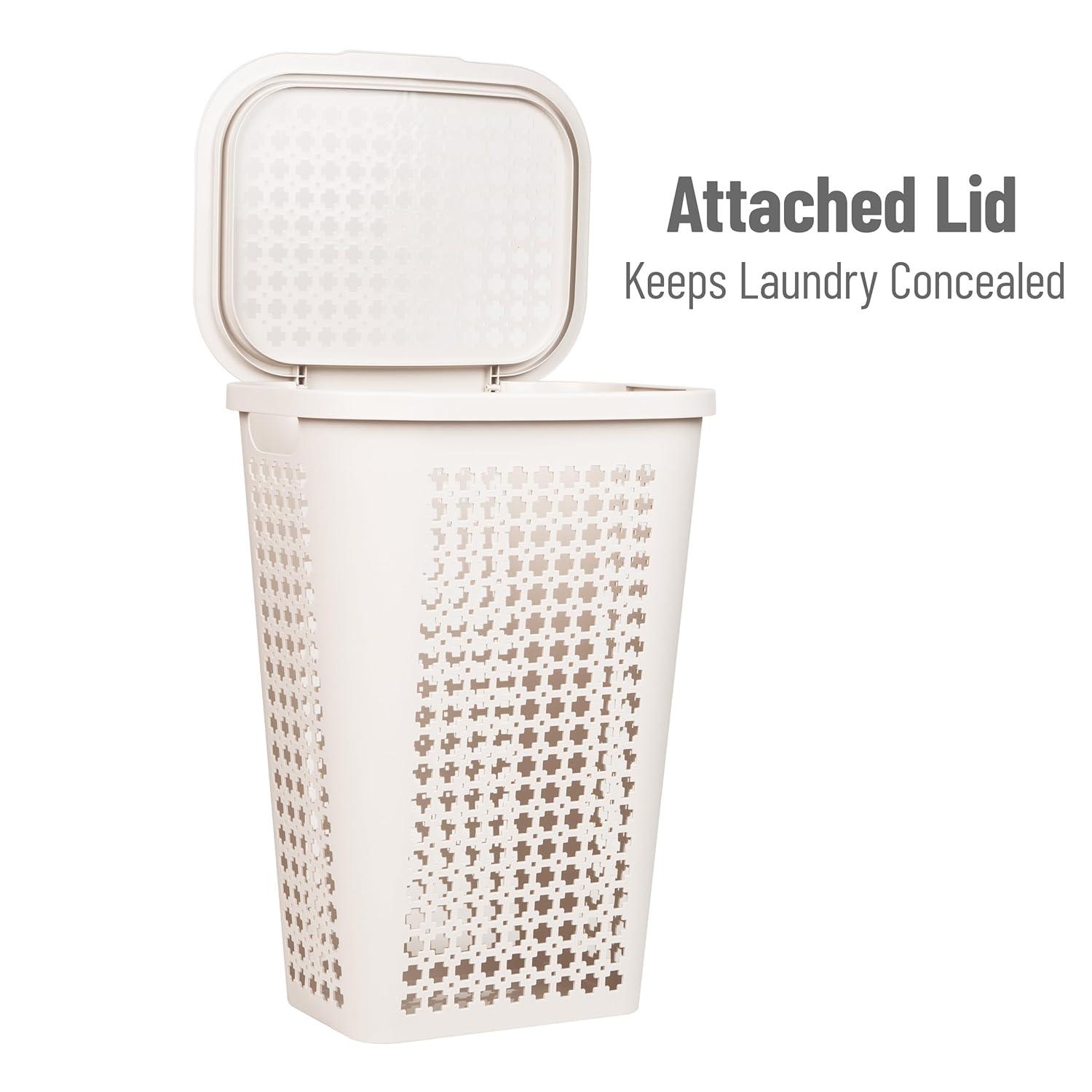 imageMind Reader Slim Tapered Laundry Hamper with Lid Clothes Basket with Swiss Cross CutOuts Lightweight amp Ventilated Plastic 1675L x 1275W x 23H GrayIvory