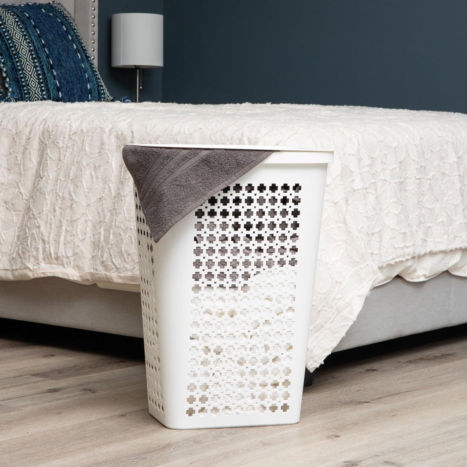 imageMind Reader Slim Tapered Laundry Hamper with Lid Clothes Basket with Swiss Cross CutOuts Lightweight amp Ventilated Plastic 1675L x 1275W x 23H GrayWhite