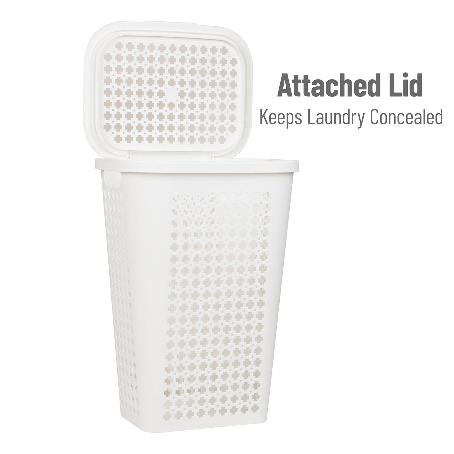 imageMind Reader Slim Tapered Laundry Hamper with Lid Clothes Basket with Swiss Cross CutOuts Lightweight amp Ventilated Plastic 1675L x 1275W x 23H GrayWhite