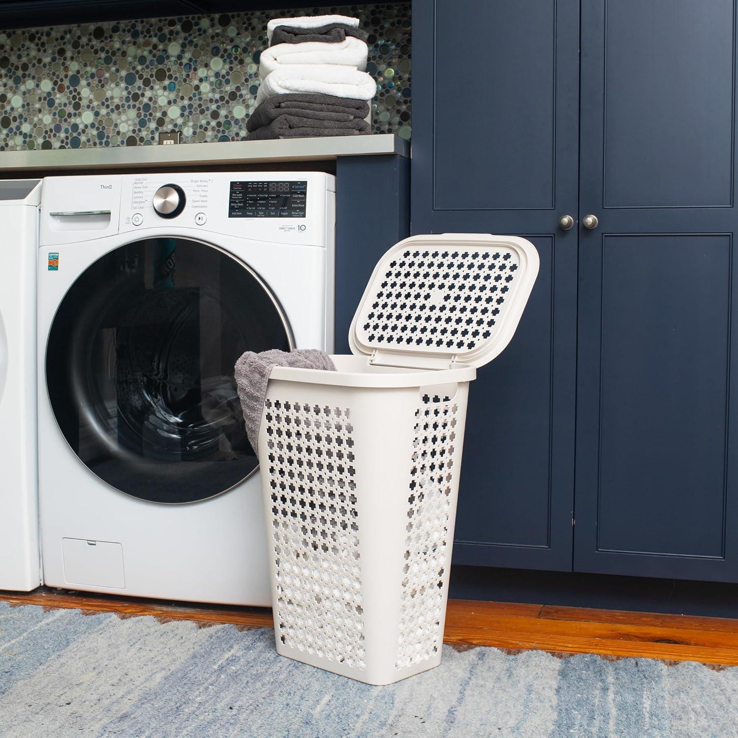 imageMind Reader Slim Tapered Laundry Hampers with Lid Clothes Basket with Swiss Cross CutOuts Lightweight amp Ventilated Plastic Set of 2 Ivory
