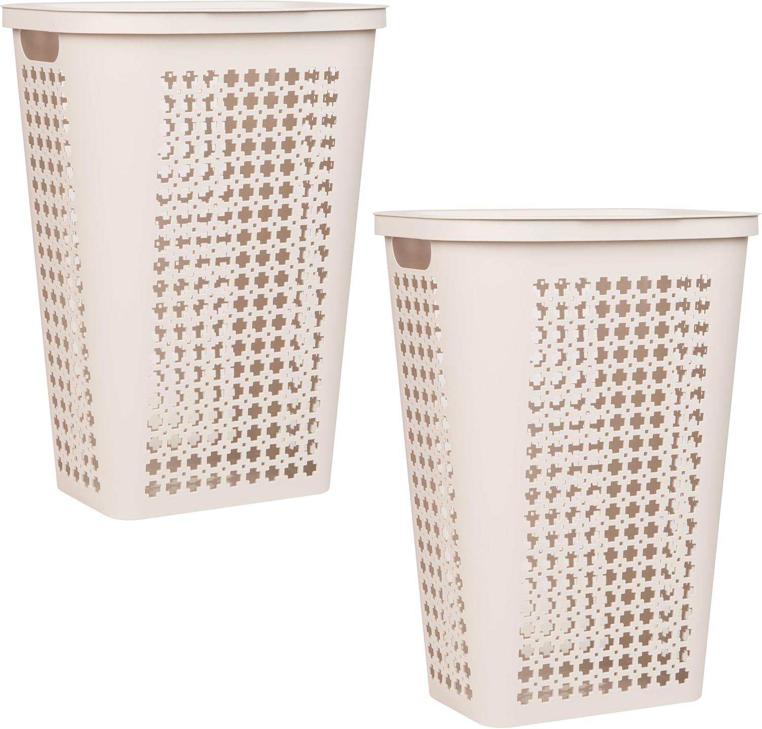 imageMind Reader Slim Tapered Laundry Hampers with Lid Clothes Basket with Swiss Cross CutOuts Lightweight amp Ventilated Plastic Set of 2 Ivory