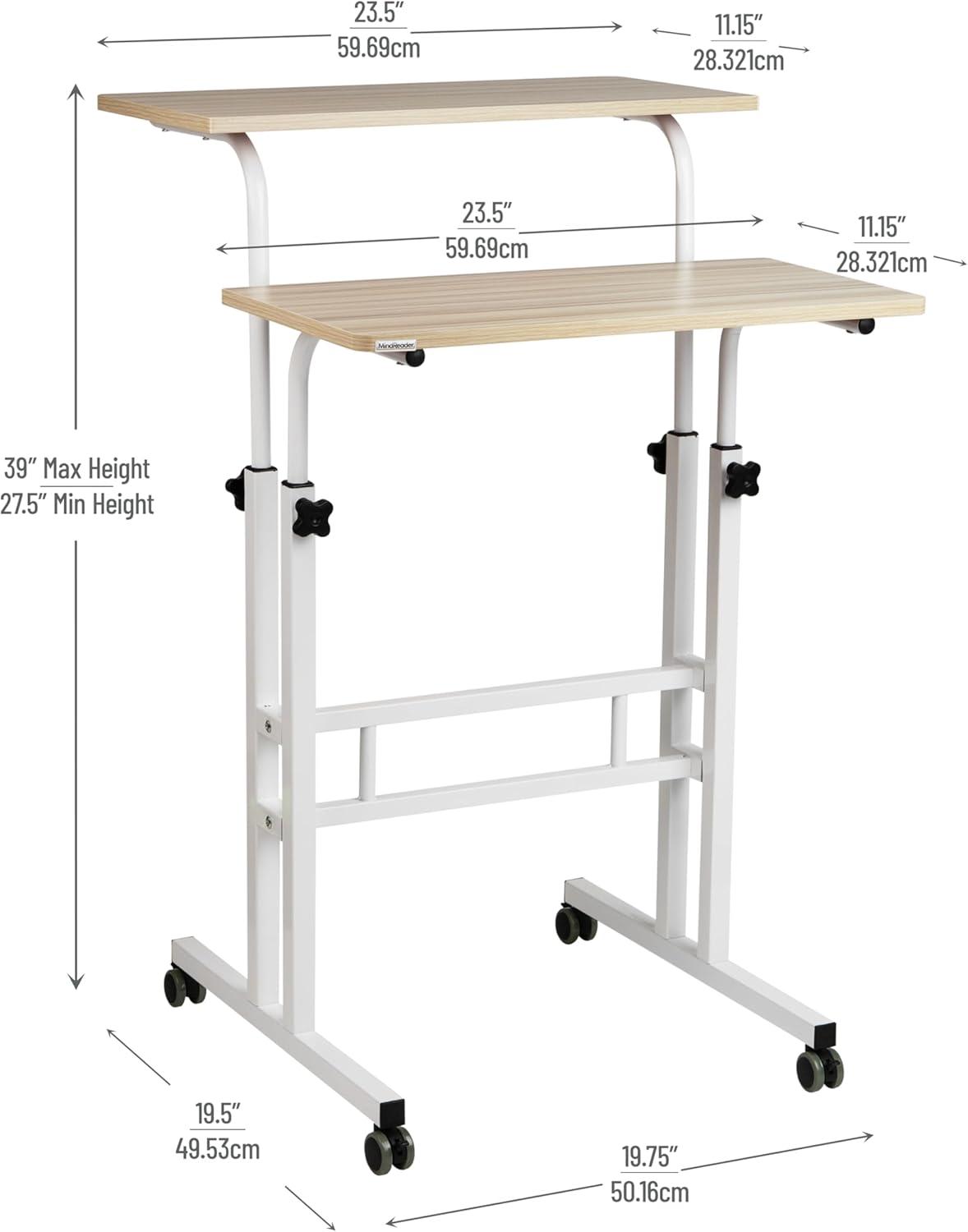 imageMind Reader Standing Desk Adjustable Height Laptop Workstation Portable Rolling Desk on Wheels TwoTier Metal Frame BlackWhite