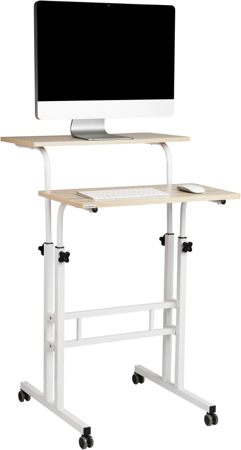 imageMind Reader Standing Desk Adjustable Height Laptop Workstation Portable Rolling Desk on Wheels TwoTier Metal Frame BlackWhite