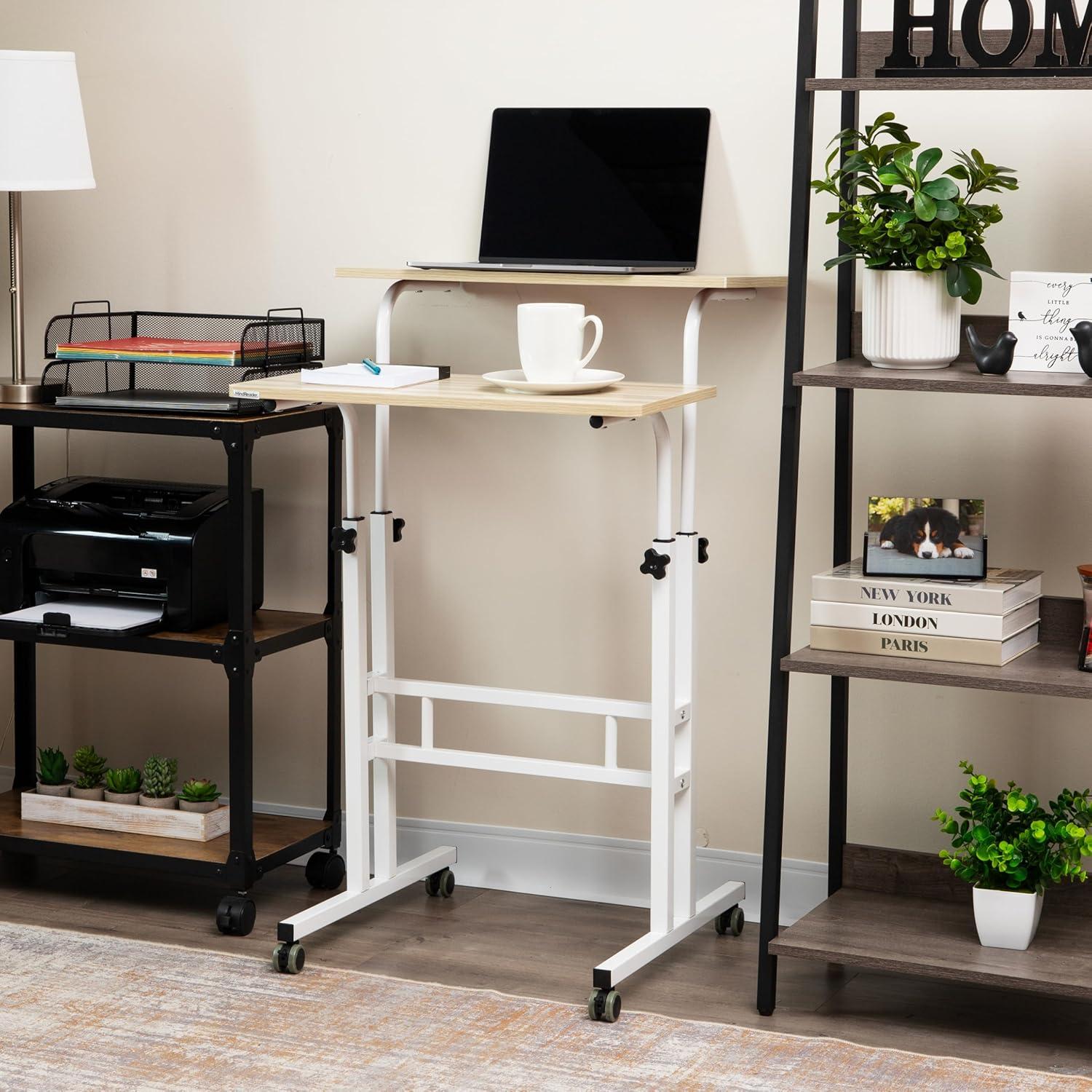 imageMind Reader Standing Desk Adjustable Height Laptop Workstation Portable Rolling Desk on Wheels TwoTier Metal Frame BlackWhite