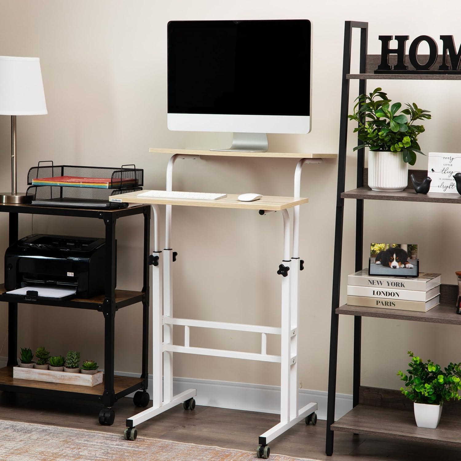 imageMind Reader Standing Desk Adjustable Height Laptop Workstation Portable Rolling Desk on Wheels TwoTier Metal Frame BlackWhite