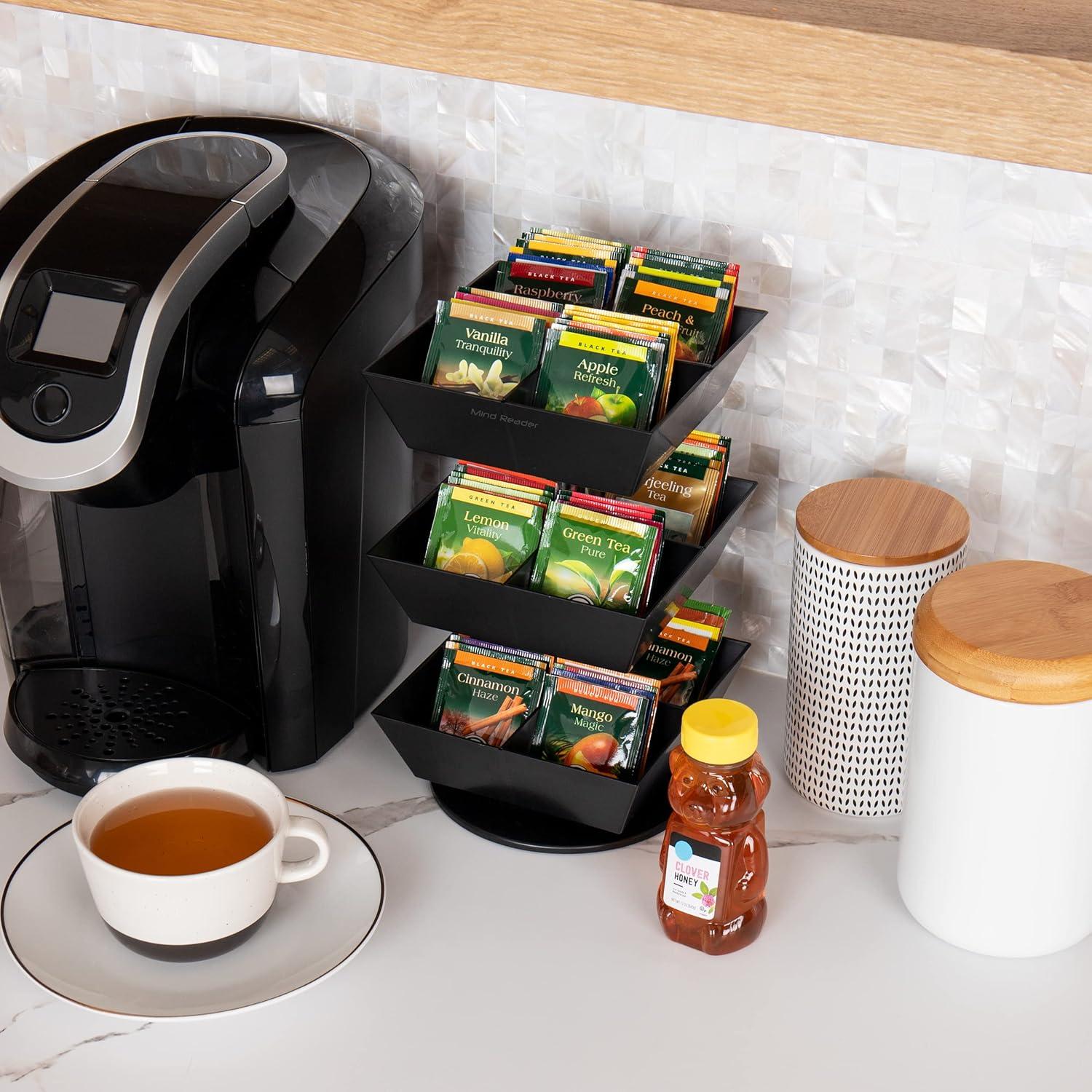 imageMind Reader Tea Bag Carousel Tea Station Organizer Countertop Storage Tea Stand Kitchen 675L x 675W x 115H BlackBlack