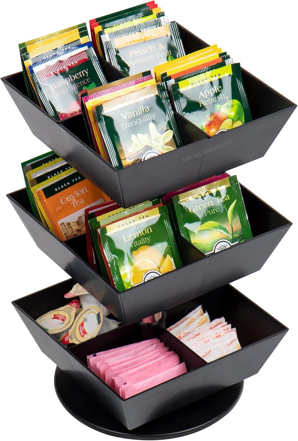imageMind Reader Tea Bag Carousel Tea Station Organizer Countertop Storage Tea Stand Kitchen 675L x 675W x 115H BlackBlack