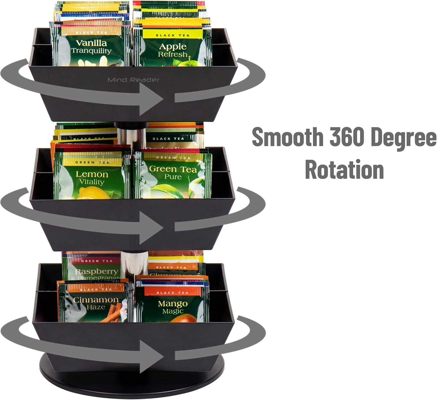 imageMind Reader Tea Bag Carousel Tea Station Organizer Countertop Storage Tea Stand Kitchen 675L x 675W x 115H BlackBlack