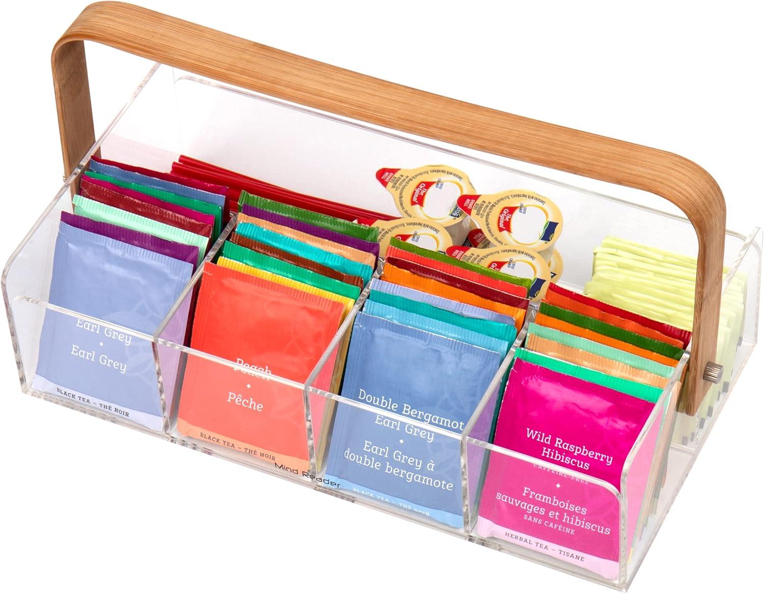 imageMind Reader Tea Bag Organizer Tea Station Countertop Caddy Rayon from Bamboo and Acrylic 1175L x 6W x 6H BrownTea Bag Basket