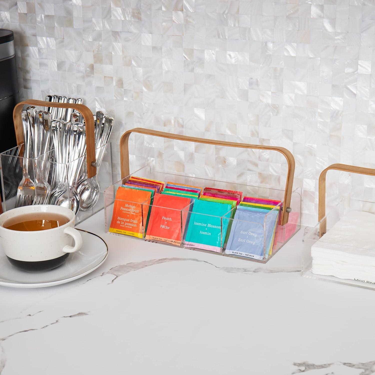 imageMind Reader Tea Bag Organizer Tea Station Countertop Caddy Rayon from Bamboo and Acrylic 1175L x 6W x 6H BrownTea Bag Basket
