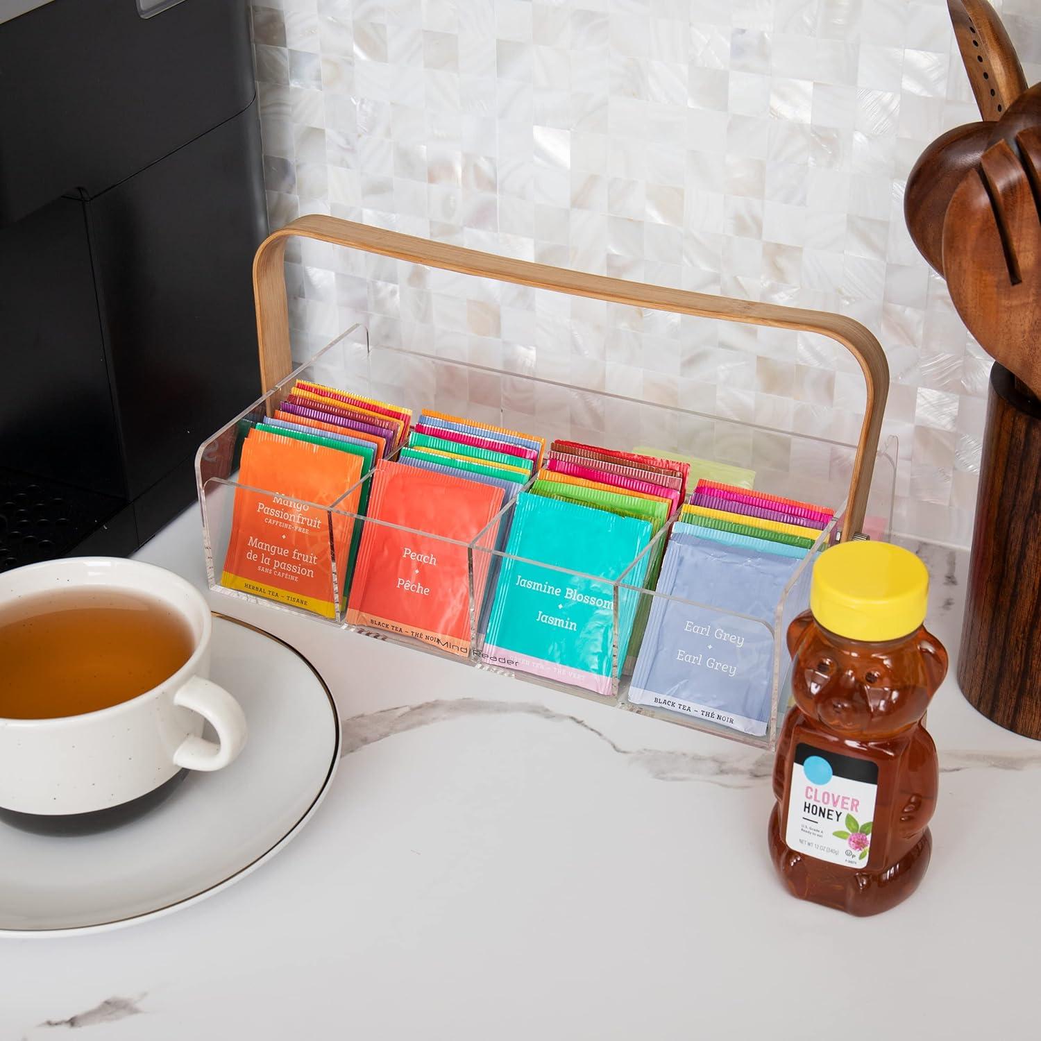 imageMind Reader Tea Bag Organizer Tea Station Countertop Caddy Rayon from Bamboo and Acrylic 1175L x 6W x 6H BrownTea Bag Basket