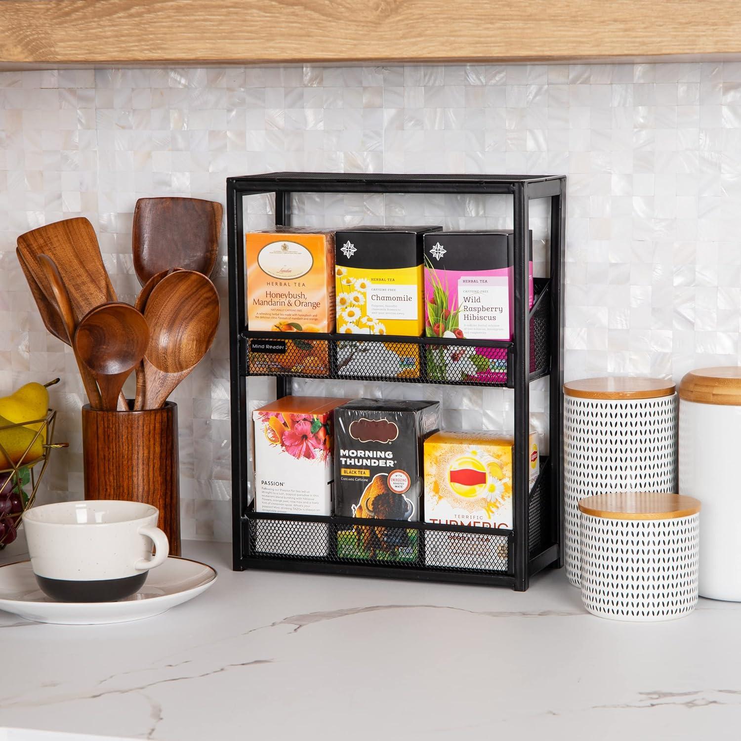 imageMind Reader Tea Box Organizer Tea Station Organizer Countertop Kitchen Metal Mesh 1125 L x 475 W x 1425 H Black