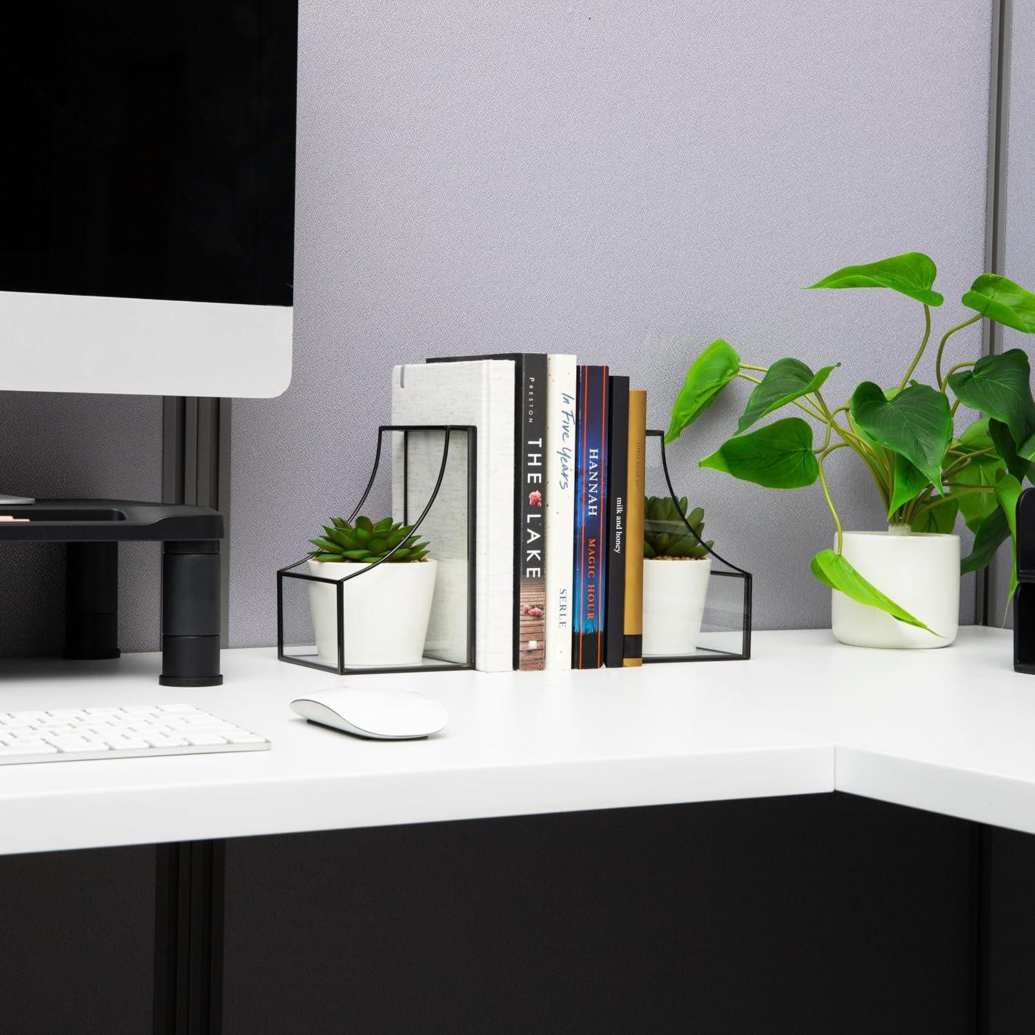 imageMind Reader Terrarium Bookends Decorative Book Holders with Storage Modern Organizer for Desk or Shelf Glass Metal Set of 2 BlackBlack