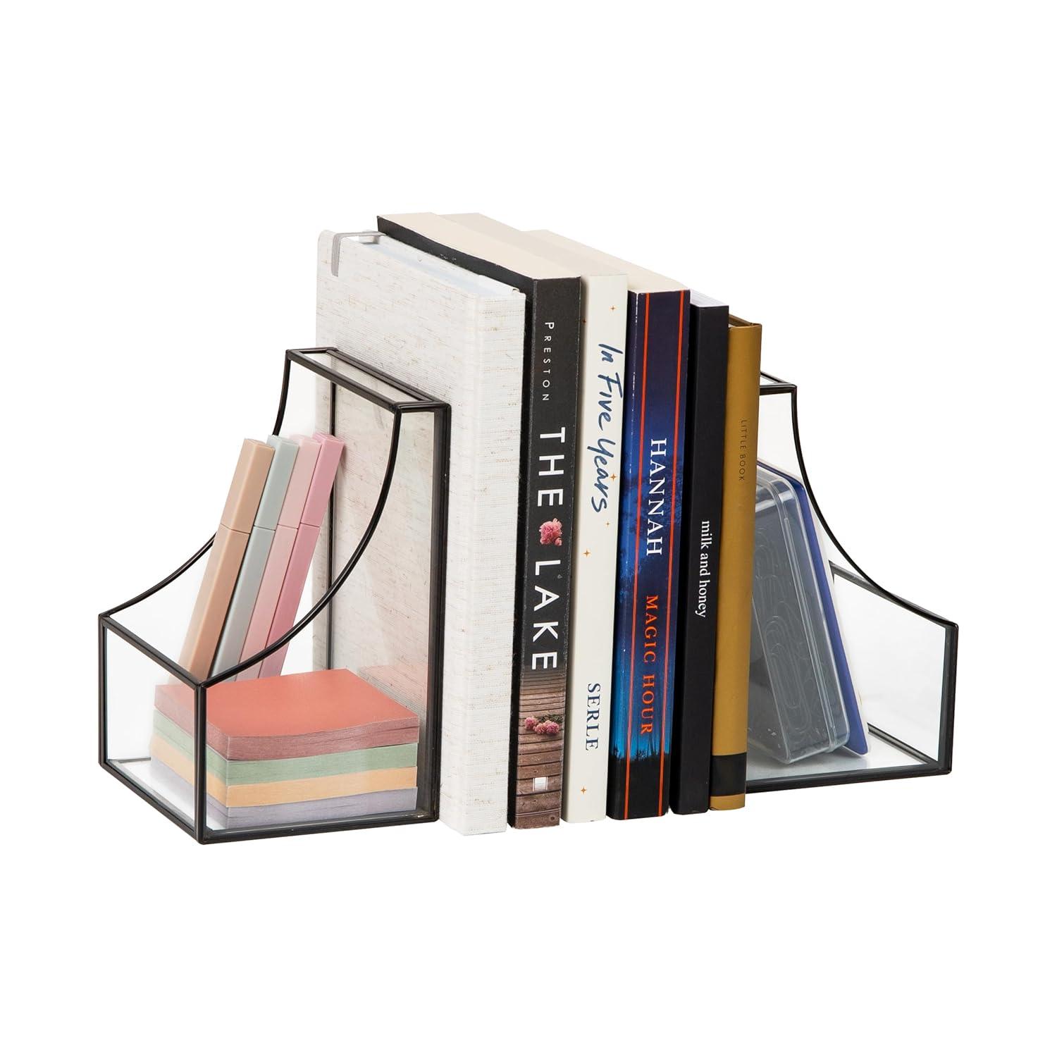 imageMind Reader Terrarium Bookends Decorative Book Holders with Storage Modern Organizer for Desk or Shelf Glass Metal Set of 2 BlackBlack