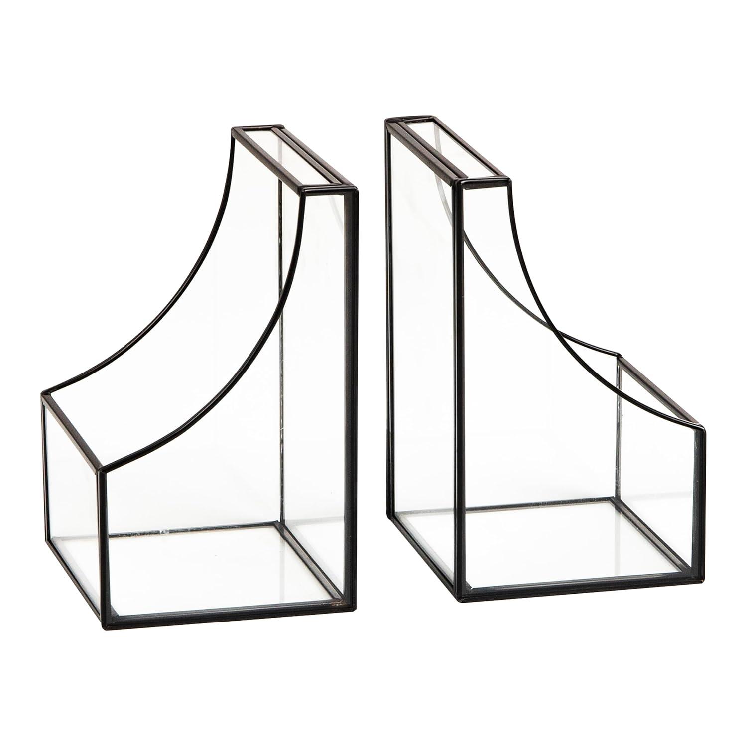 imageMind Reader Terrarium Bookends Decorative Book Holders with Storage Modern Organizer for Desk or Shelf Glass Metal Set of 2 BlackBlack