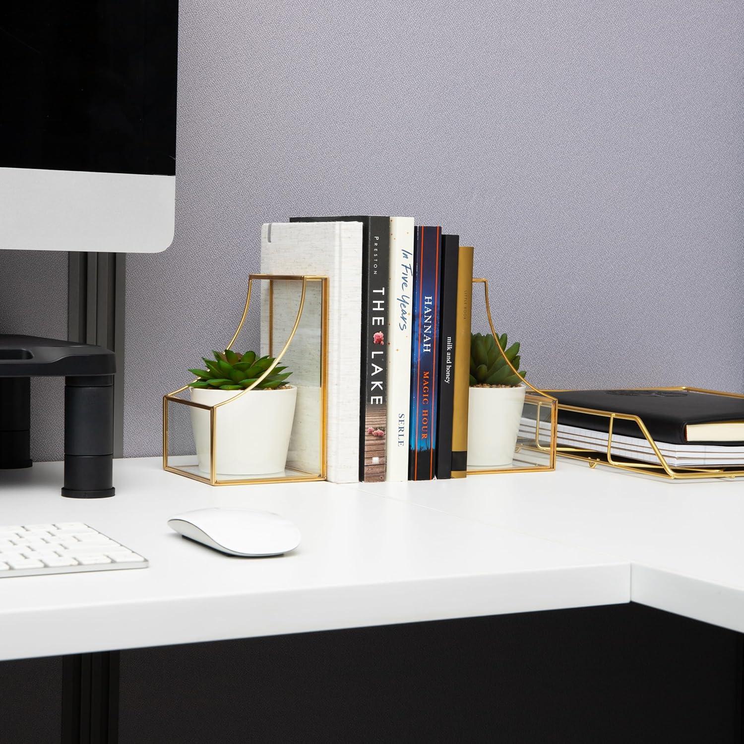 imageMind Reader Terrarium Bookends Decorative Book Holders with Storage Modern Organizer for Desk or Shelf Glass Metal Set of 2 BlackGold
