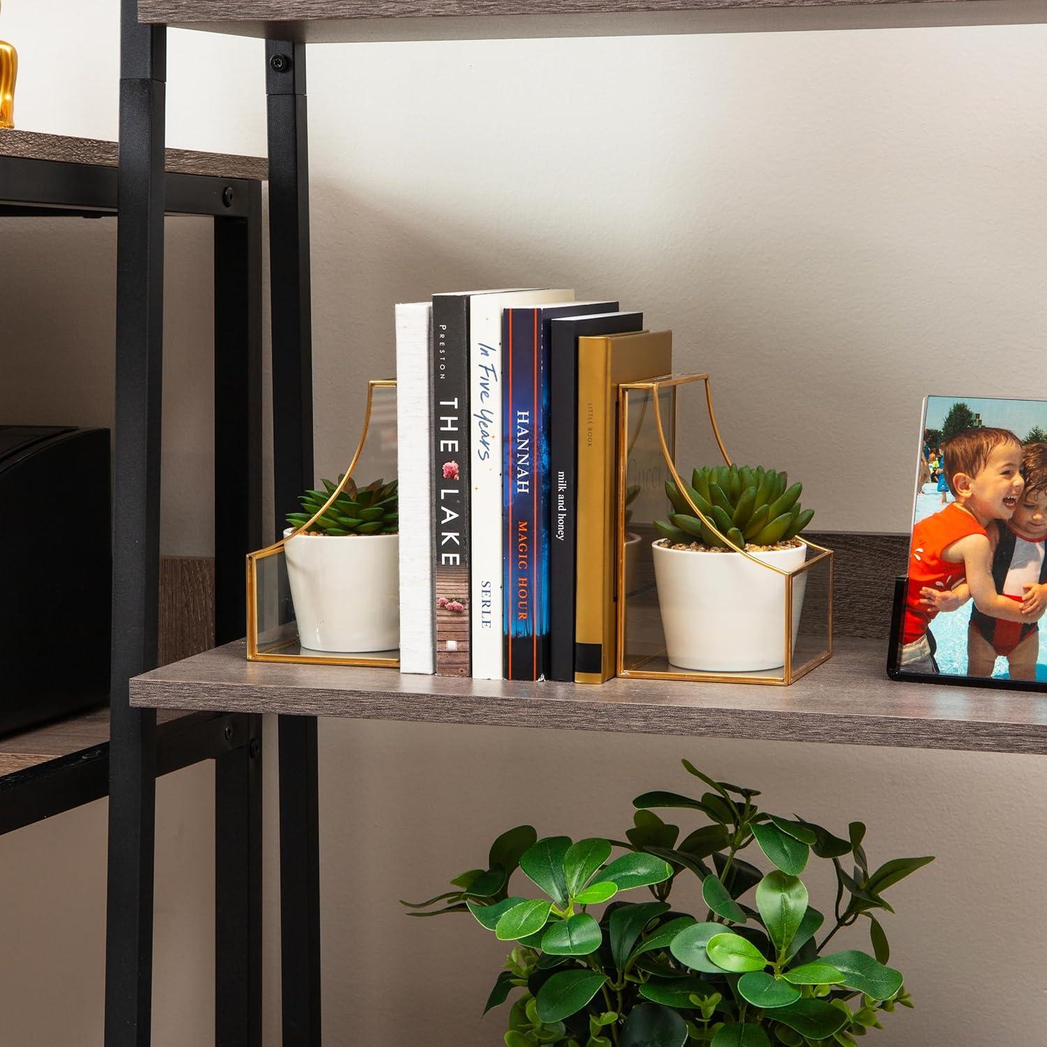 imageMind Reader Terrarium Bookends Decorative Book Holders with Storage Modern Organizer for Desk or Shelf Glass Metal Set of 2 BlackGold
