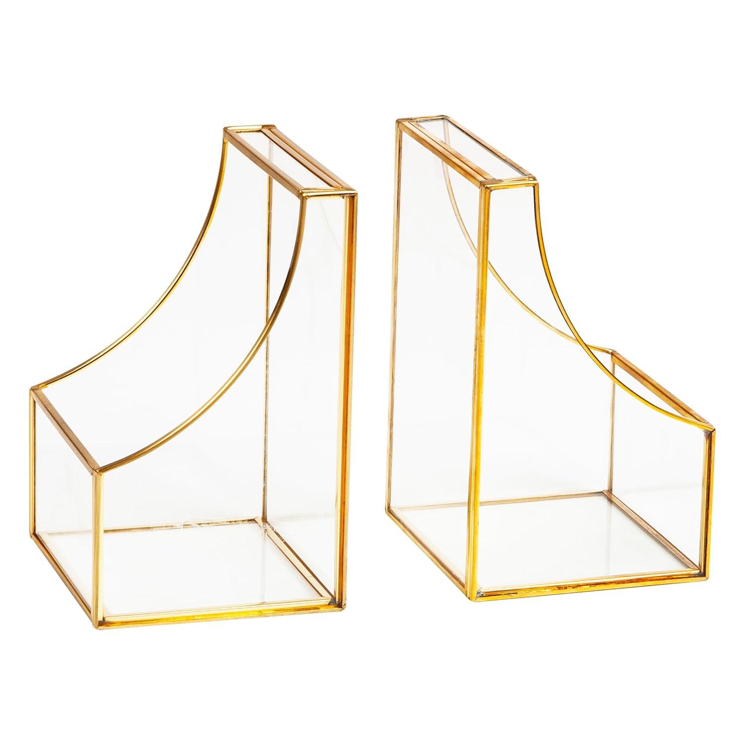 imageMind Reader Terrarium Bookends Decorative Book Holders with Storage Modern Organizer for Desk or Shelf Glass Metal Set of 2 BlackGold