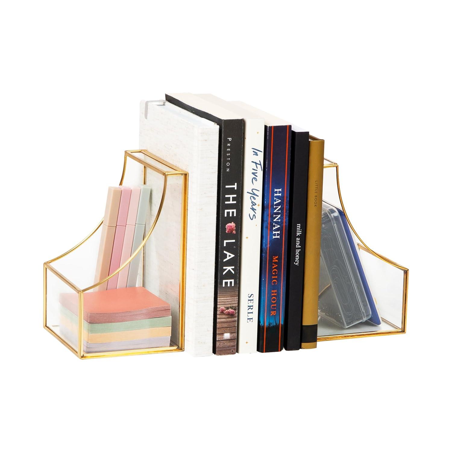 imageMind Reader Terrarium Bookends Decorative Book Holders with Storage Modern Organizer for Desk or Shelf Glass Metal Set of 2 BlackGold
