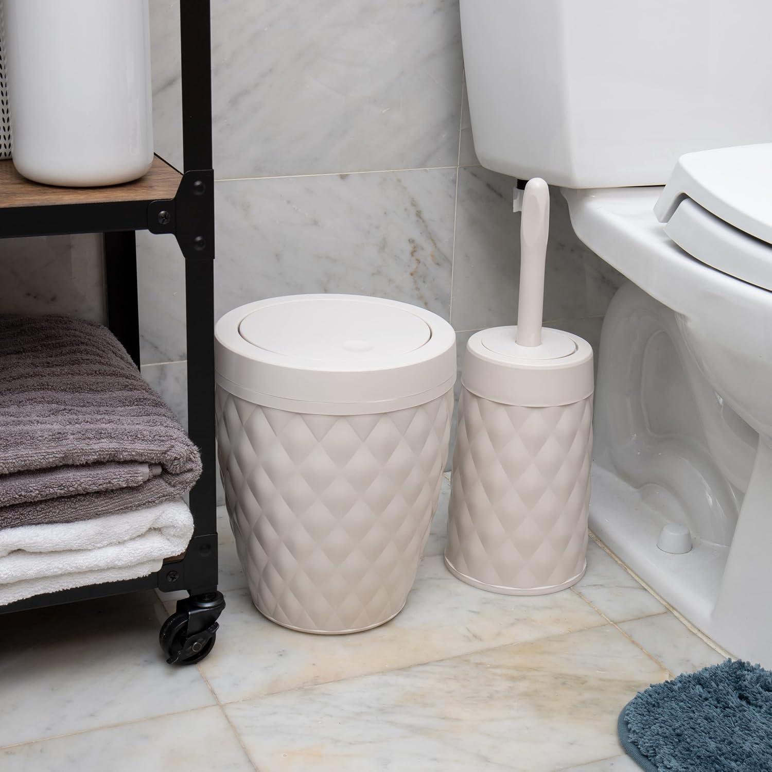 imageMind Reader Trash Can and Toilet Brush Set Bathroom Decor Swivel Lid Accessories 875 W x 1125 H 2 Piece Set GrayIvory