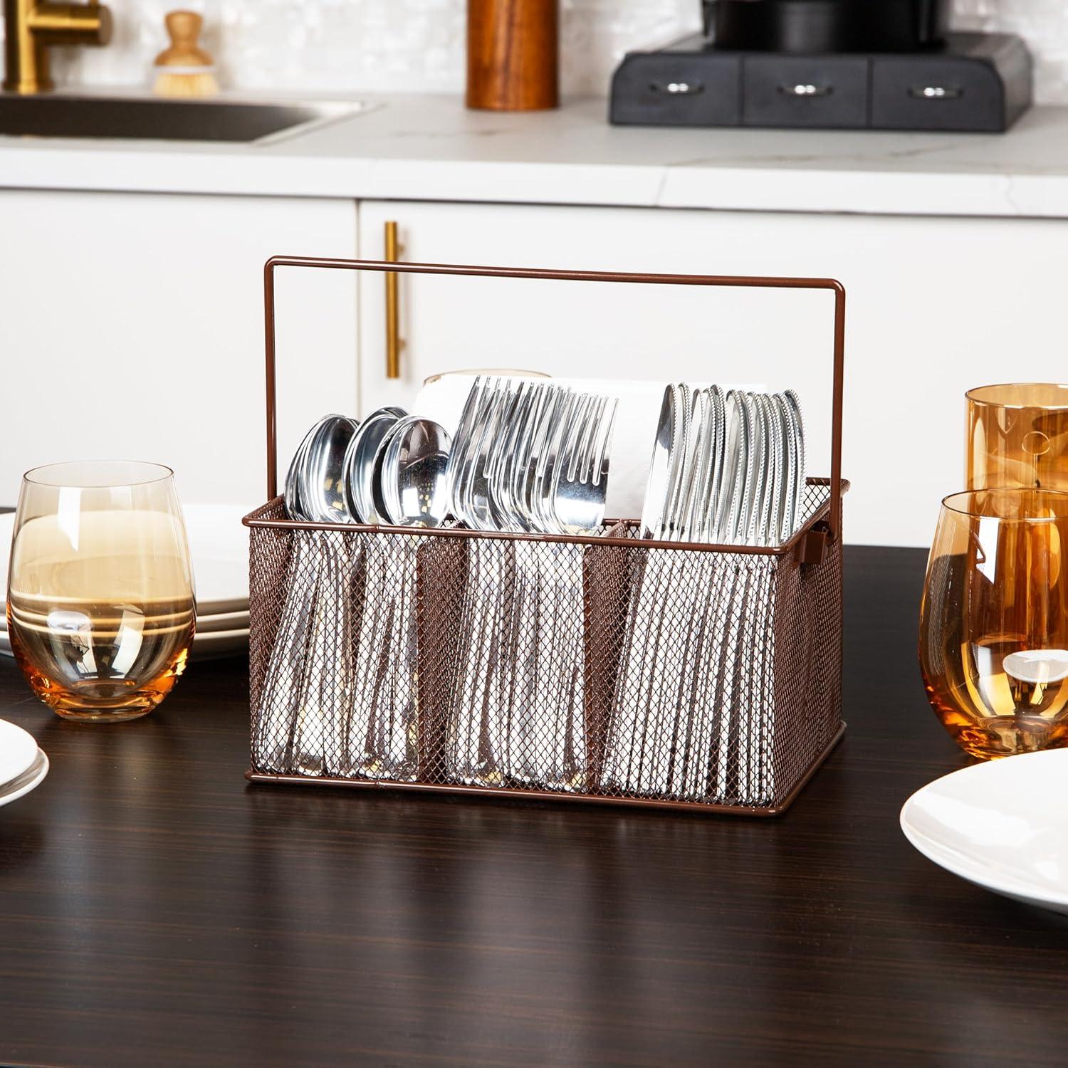 imageMind Reader Utensil Holder Silverware Organizer Caddy Cutlery Holder Kitchen Metal Mesh 10L x 7W x 475H Silver4 Compartments