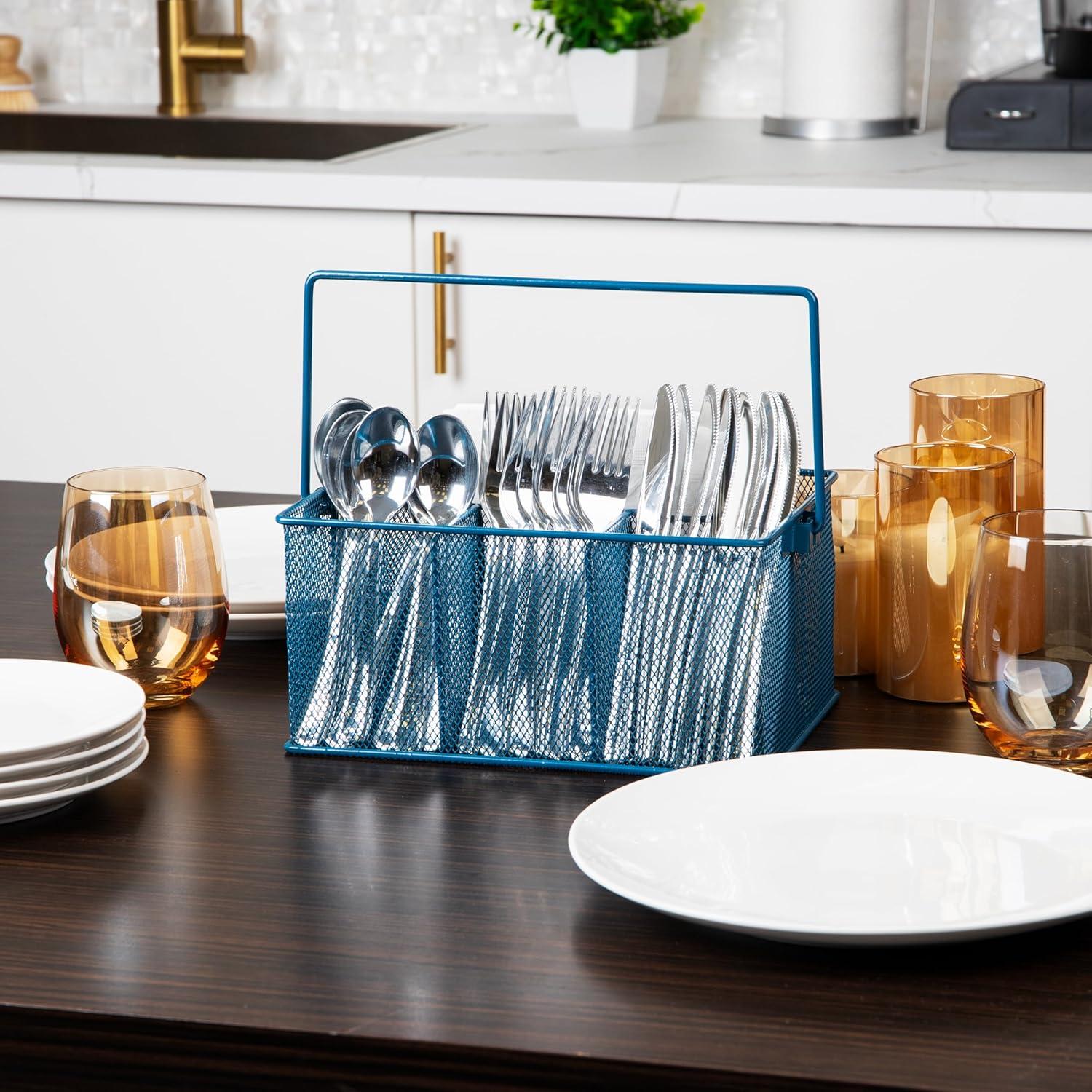 imageMind Reader Utensil Holder Silverware Organizer Caddy Cutlery Holder Kitchen Metal Mesh 10L x 7W x 475H Turquoise