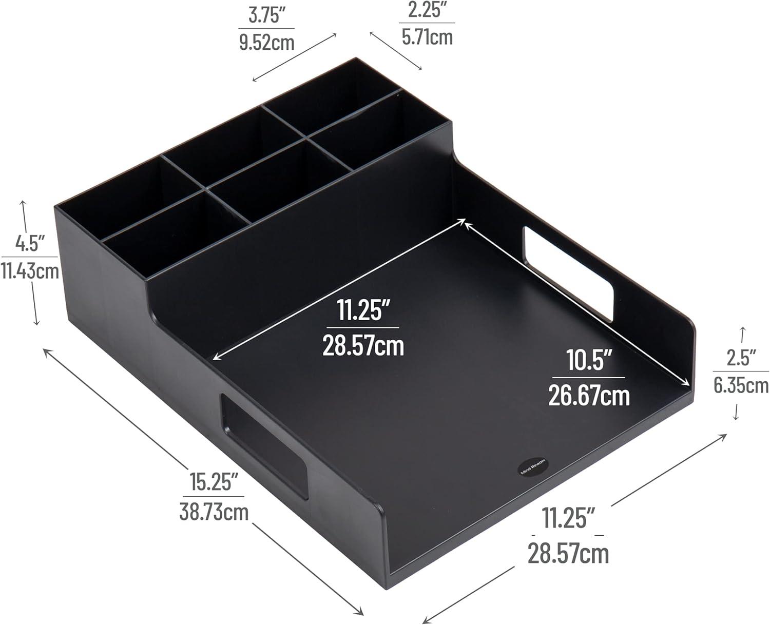 imageMind Reader Utensil Napkin and Plate Organizer Tray Countertop Caddy with 7 Compartments Holds Plates up to 105 Inches Breakroom and Buffet Organizer Plastic BlackNapkin Plate Holder