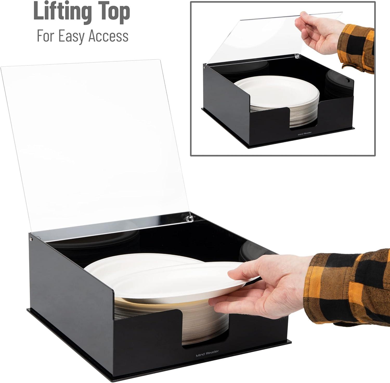imageMind Reader Utensil Napkin and Plate Organizer Tray Countertop Caddy with 7 Compartments Holds Plates up to 105 Inches Breakroom and Buffet Organizer Plastic BlackPlate Holder Pack of 2