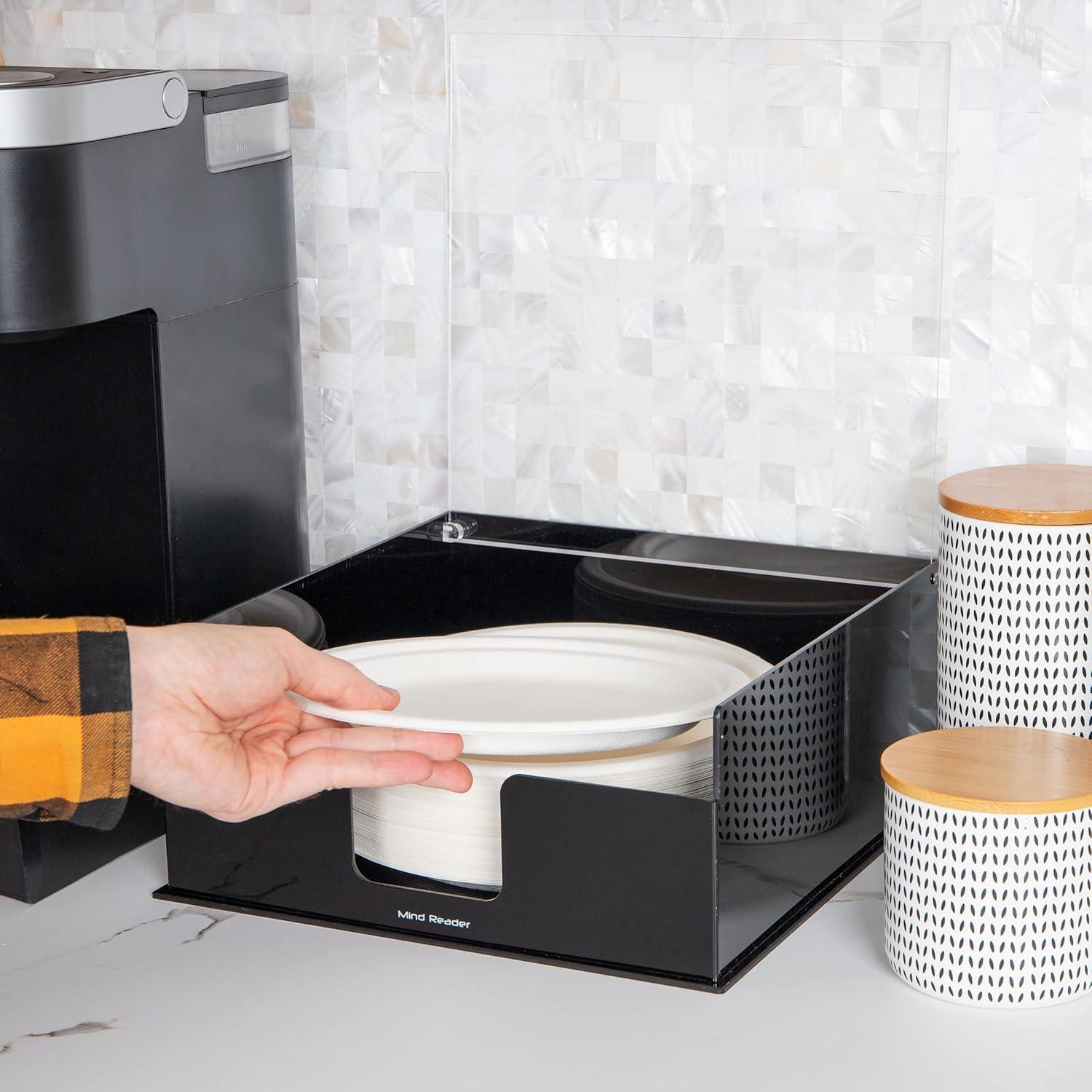 imageMind Reader Utensil Napkin and Plate Organizer Tray Countertop Caddy with 7 Compartments Holds Plates up to 105 Inches Breakroom and Buffet Organizer Plastic BlackPlate Holder Pack of 2