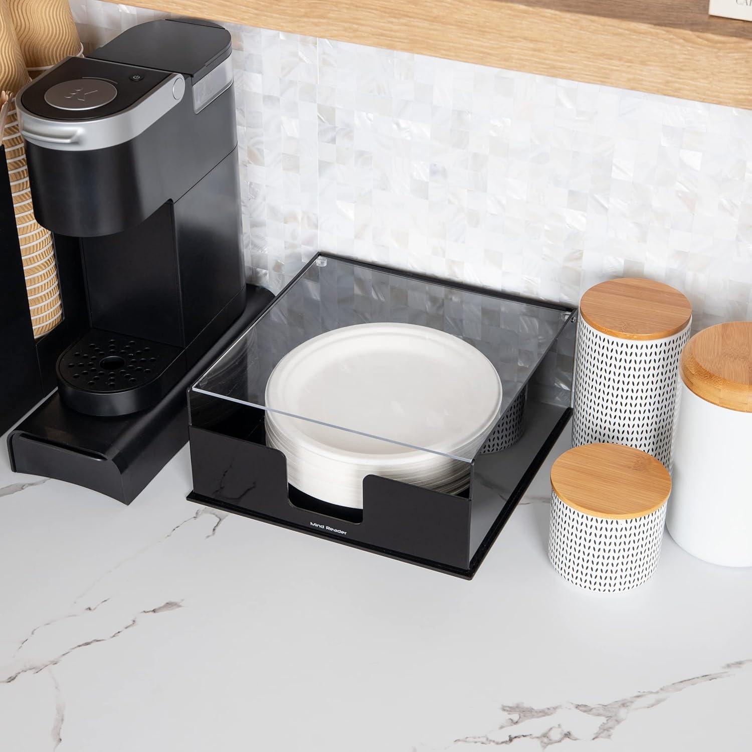 imageMind Reader Utensil Napkin and Plate Organizer Tray Countertop Caddy with 7 Compartments Holds Plates up to 105 Inches Breakroom and Buffet Organizer Plastic BlackPlate Holder