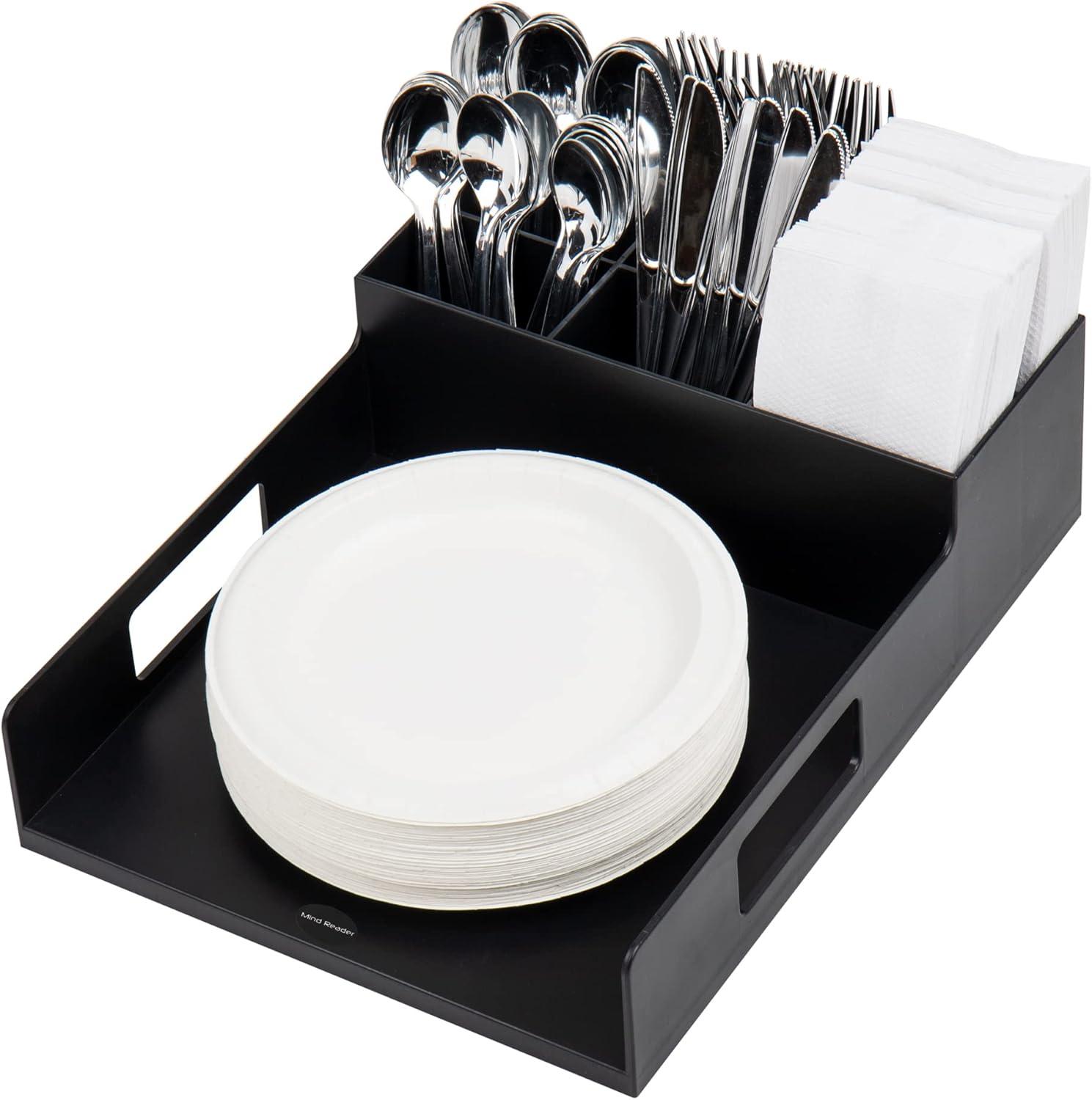 imageMind Reader Utensil Napkin and Plate Organizer Tray Countertop Caddy with 7 Compartments Holds Plates up to 105 Inches Breakroom and Buffet Organizer Plastic BlackNapkin Plate Holder