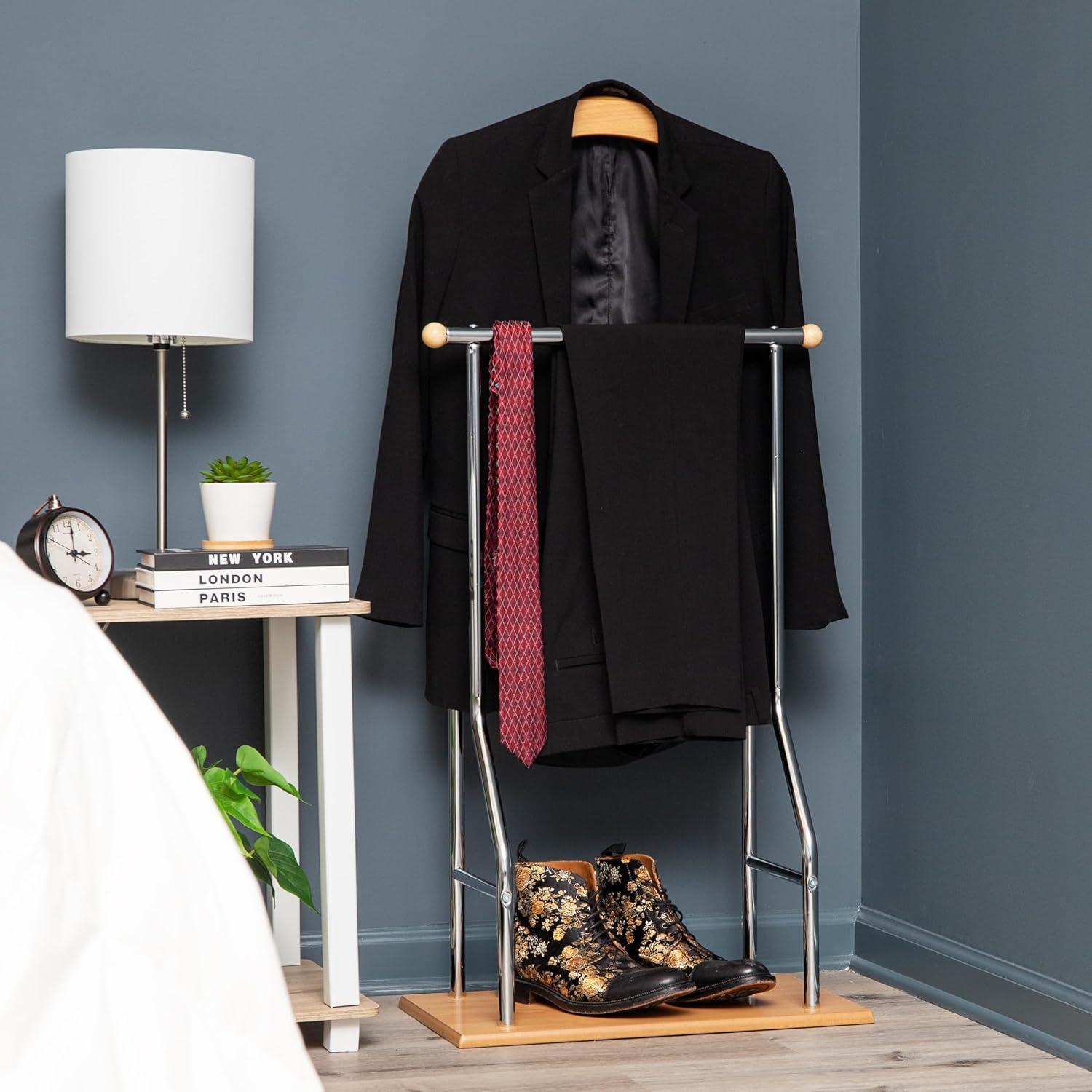 imageMind Reader Valet Stand Clothes Rack Clothing Organizer Jacket Hanger Metal Wood 1975L x 1175W x 43H SilverSilver