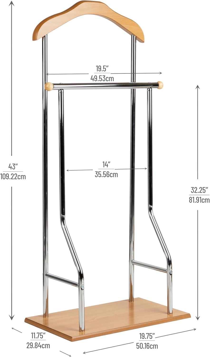 imageMind Reader Valet Stand Clothes Rack Clothing Organizer Jacket Hanger Metal Wood 1975L x 1175W x 43H SilverSilver